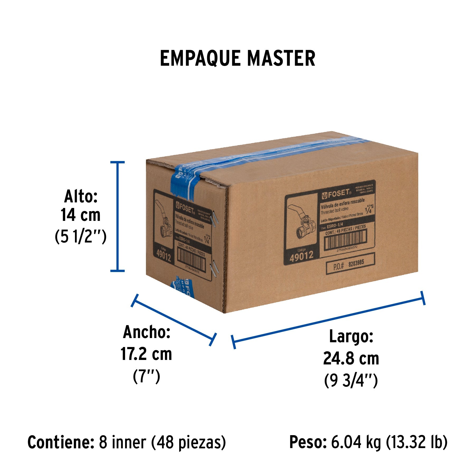 Válvula de esfera de latón, roscable 1/4", FOSET - Empaque