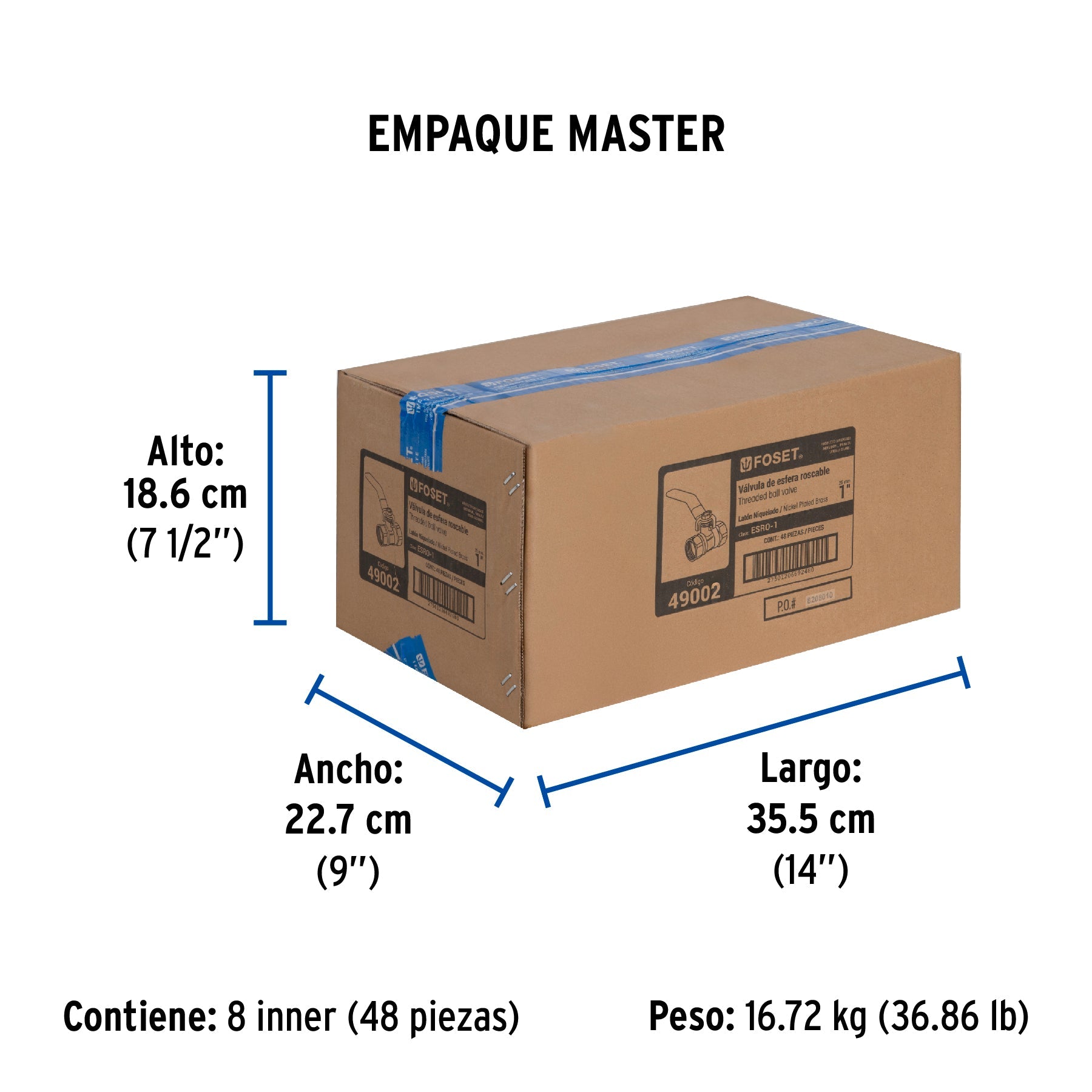 Válvula de esfera de latón, roscable 1", FOSET - Empaque