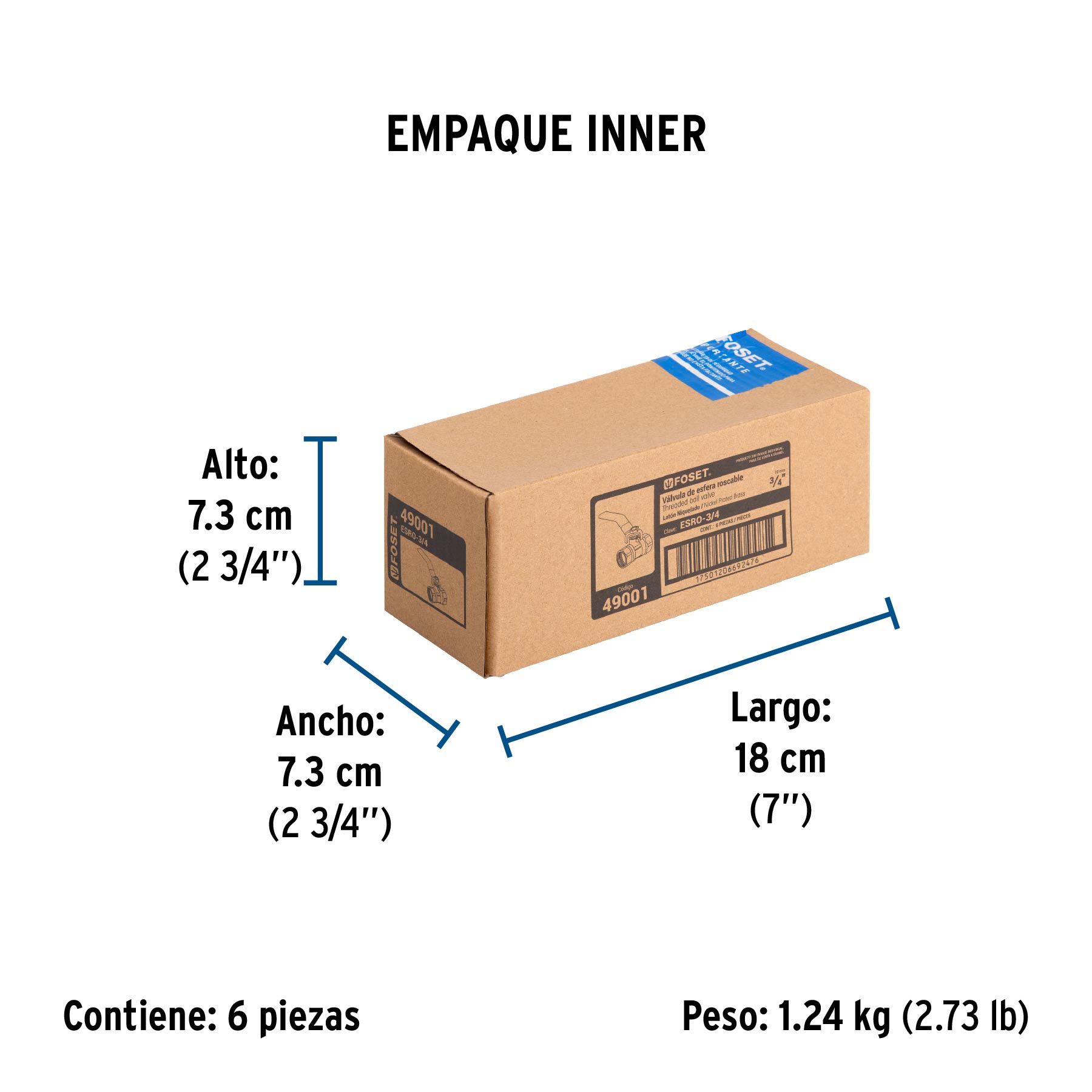 Válvula de esfera de latón, roscable 3/4", FOSET - Empaque