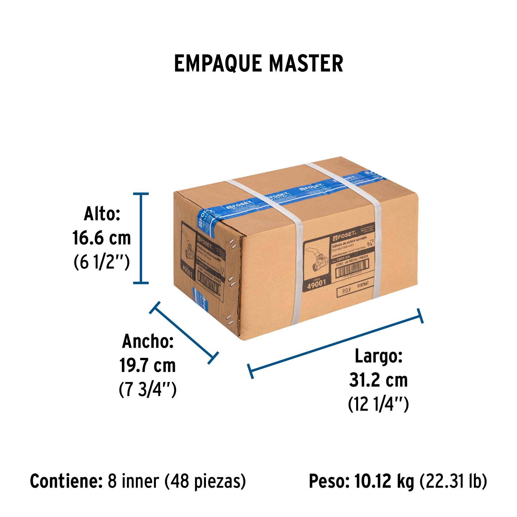 Válvula de esfera de latón, roscable 3/4", FOSET - Empaque
