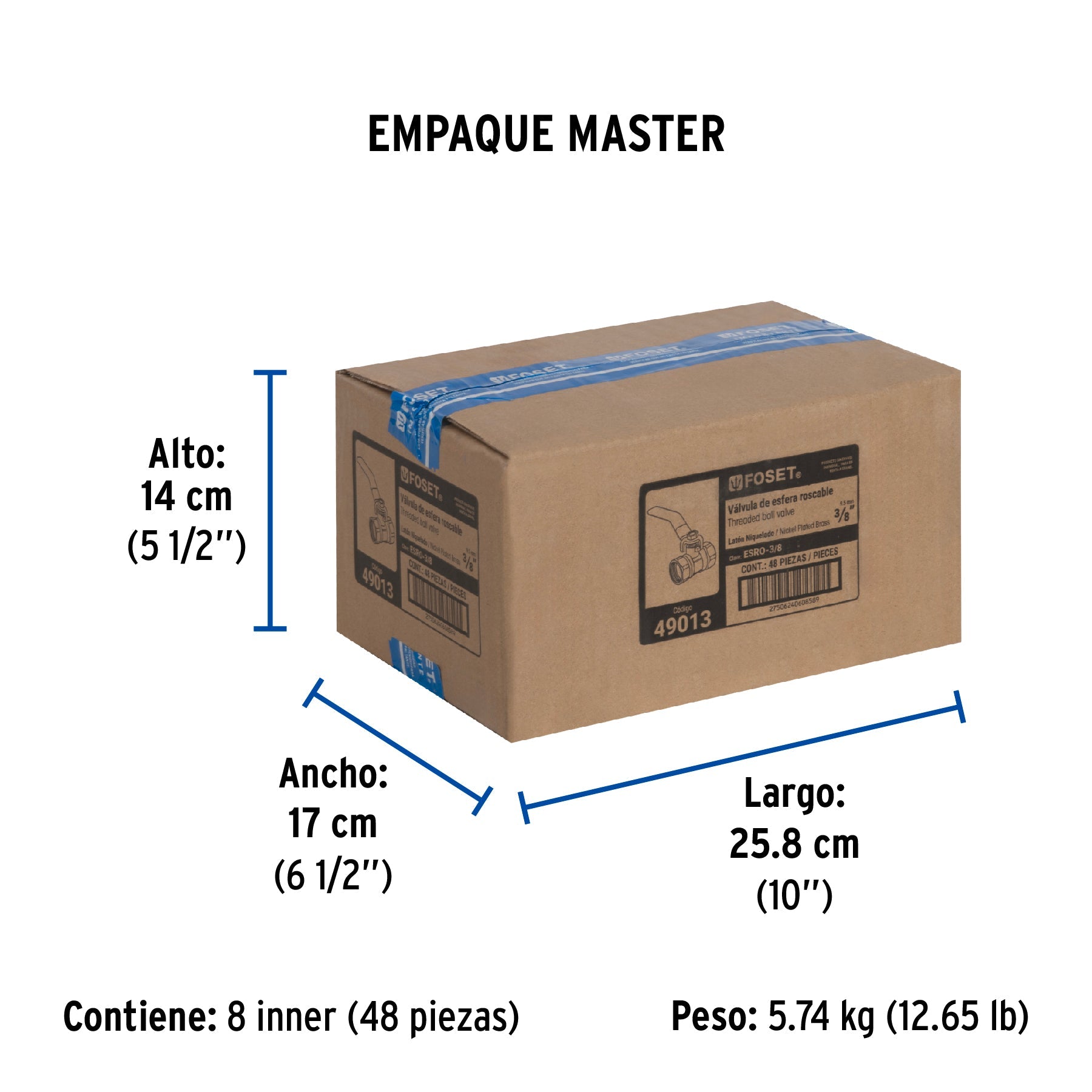 Válvula de esfera de latón, roscable 3/8", FOSET - Empaque