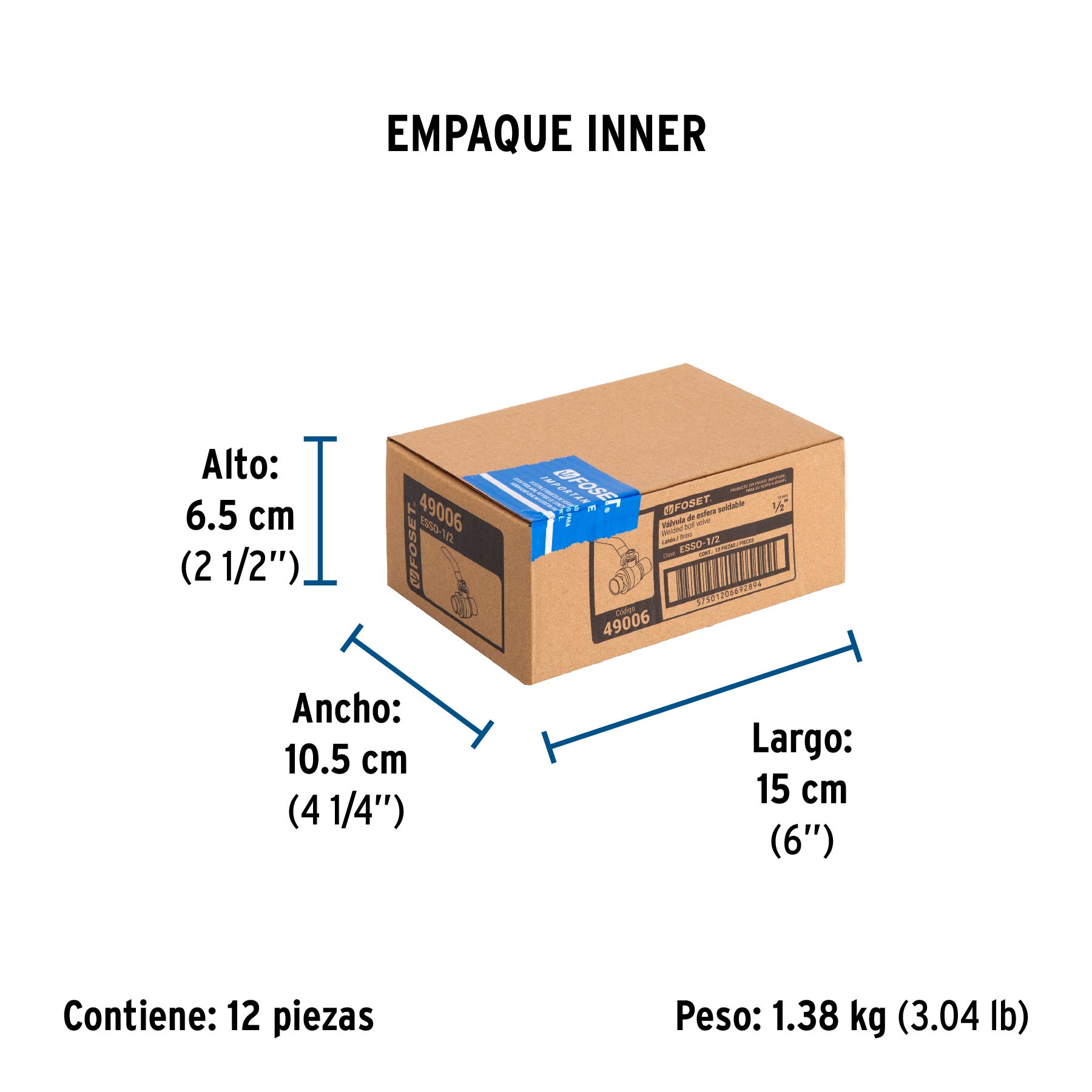 Válvula de esfera de latón, soldable 1/2", FOSET - Empaque