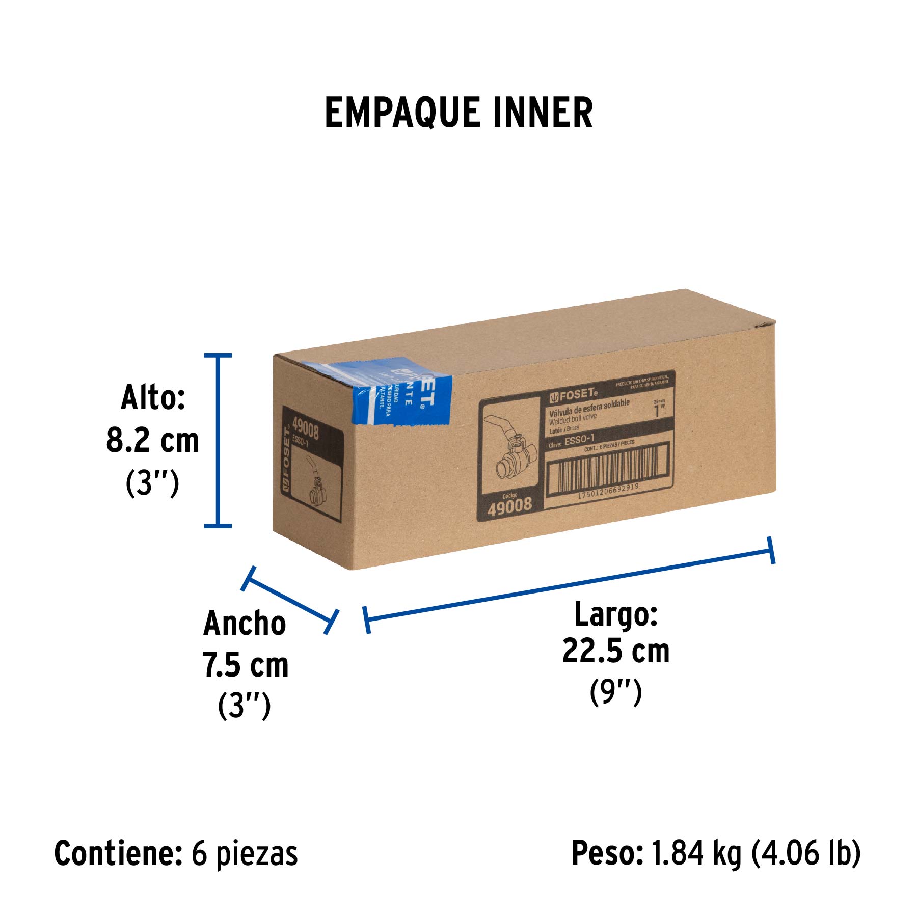 Válvula de esfera de latón, soldable 1", FOSET - Empaque