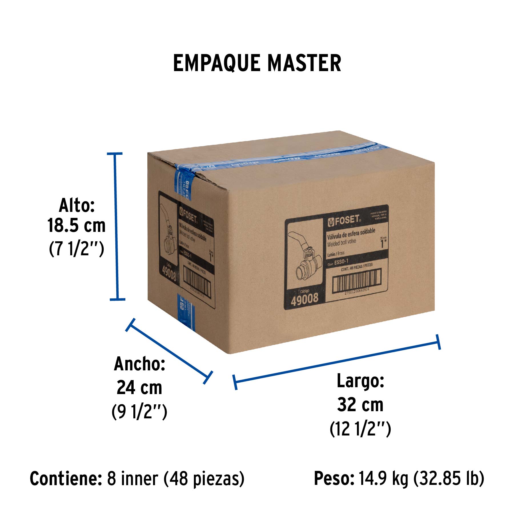 Válvula de esfera de latón, soldable 1", FOSET - Empaque