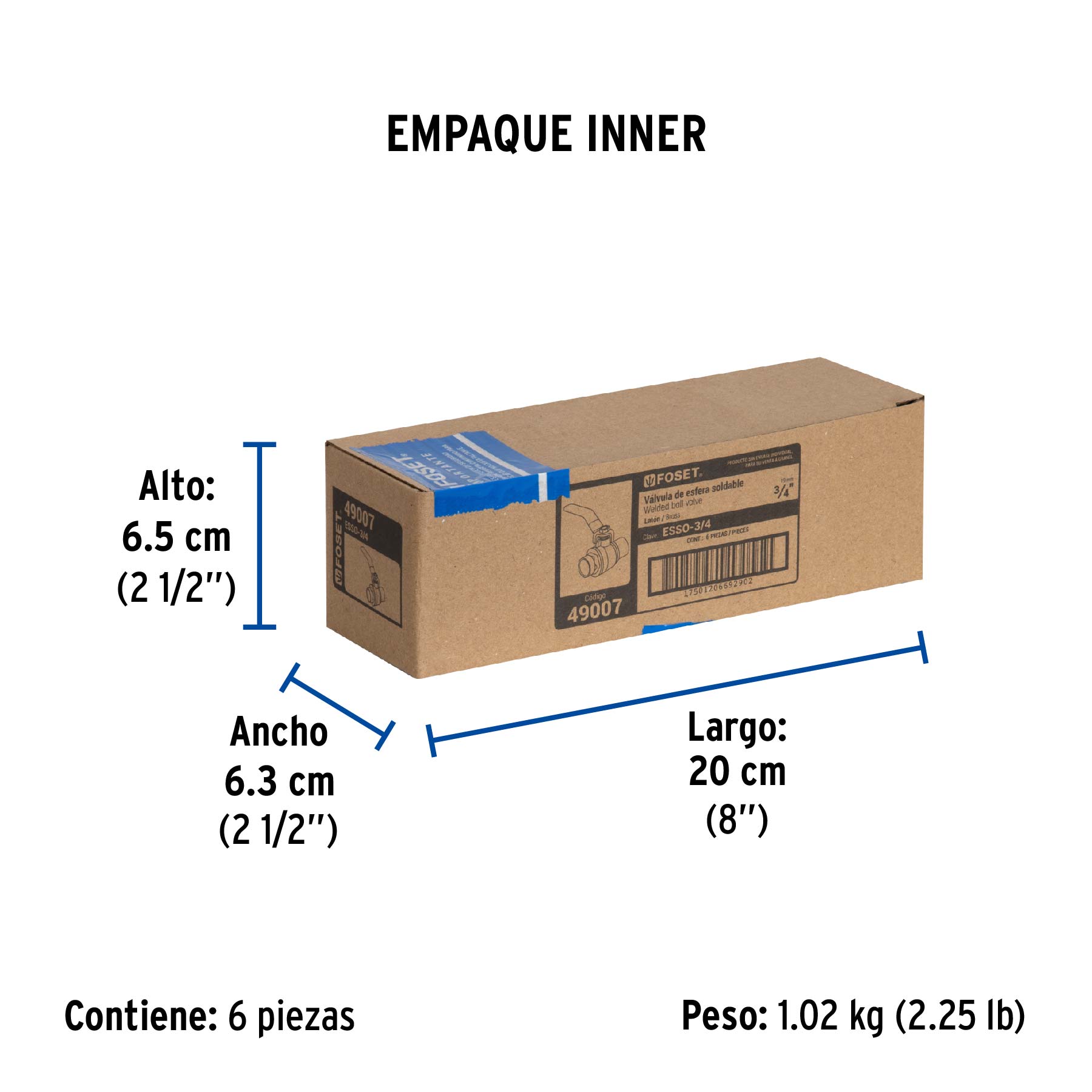 Válvula de esfera de latón, soldable 3/4", FOSET - Empaque