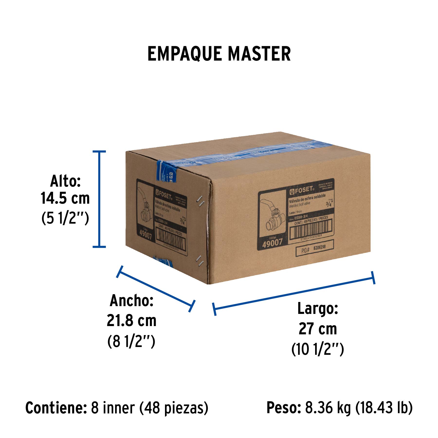 Válvula de esfera de latón, soldable 3/4", FOSET - Empaque