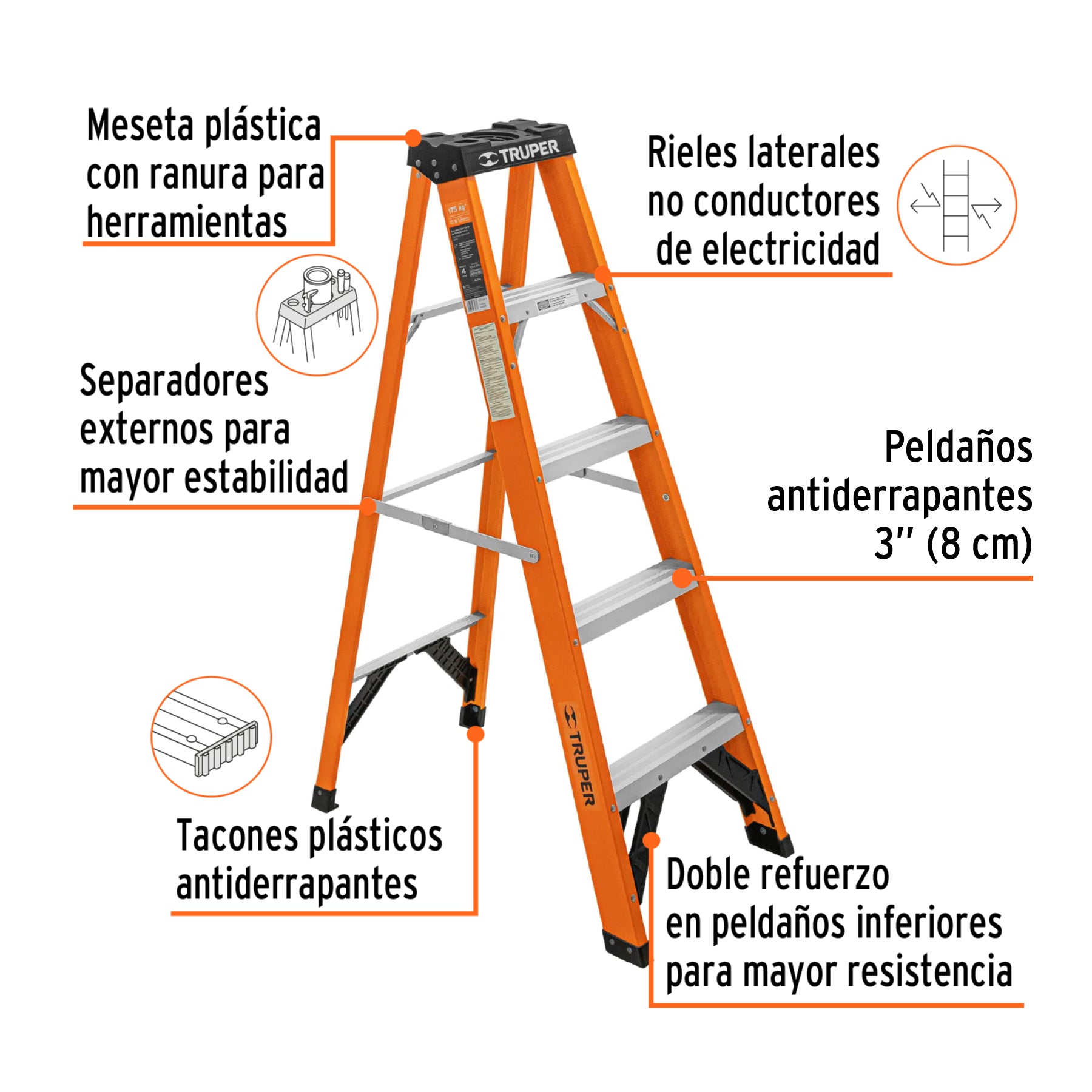 Escalera de tijera, tipo ll, 4 peldaños, fibra de vidrio