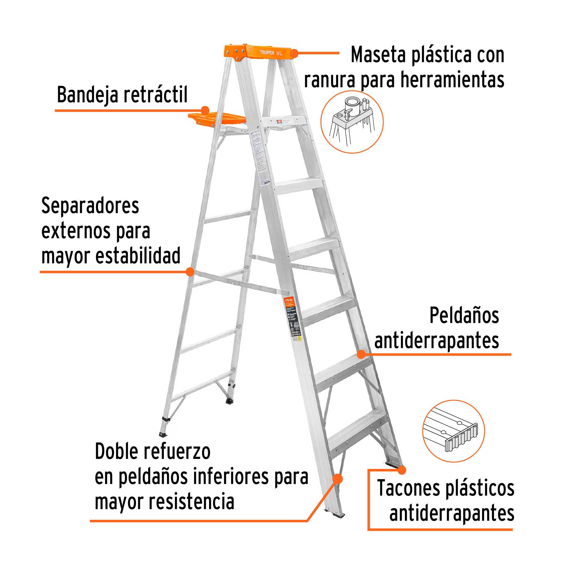 Escalera de tijera tipo II 6 peldaños y bandeja, TRUPER