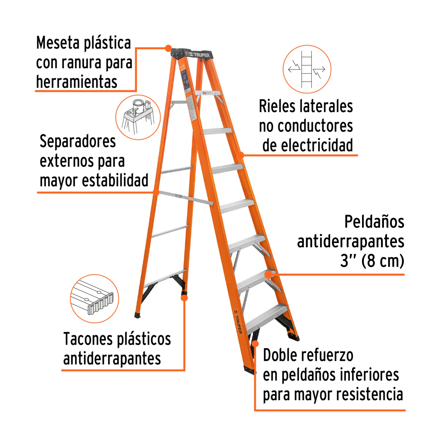 Escalera de tijera, tipo ll, 7 peldaños, fibra de vidrio