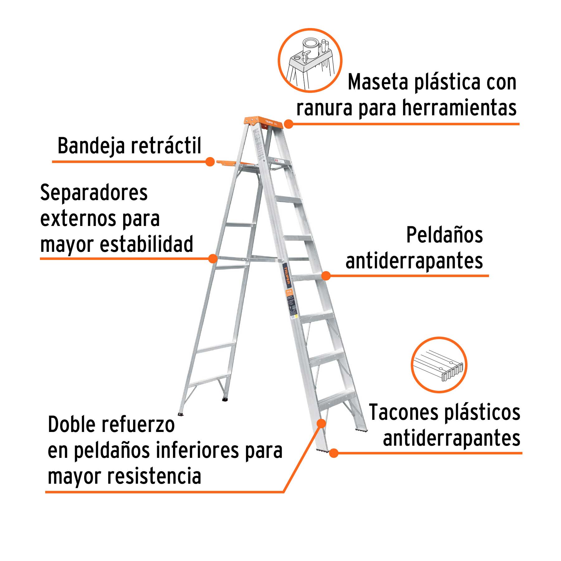 Escalera de tijera tipo II 7 peldaños y bandeja, TRUPER