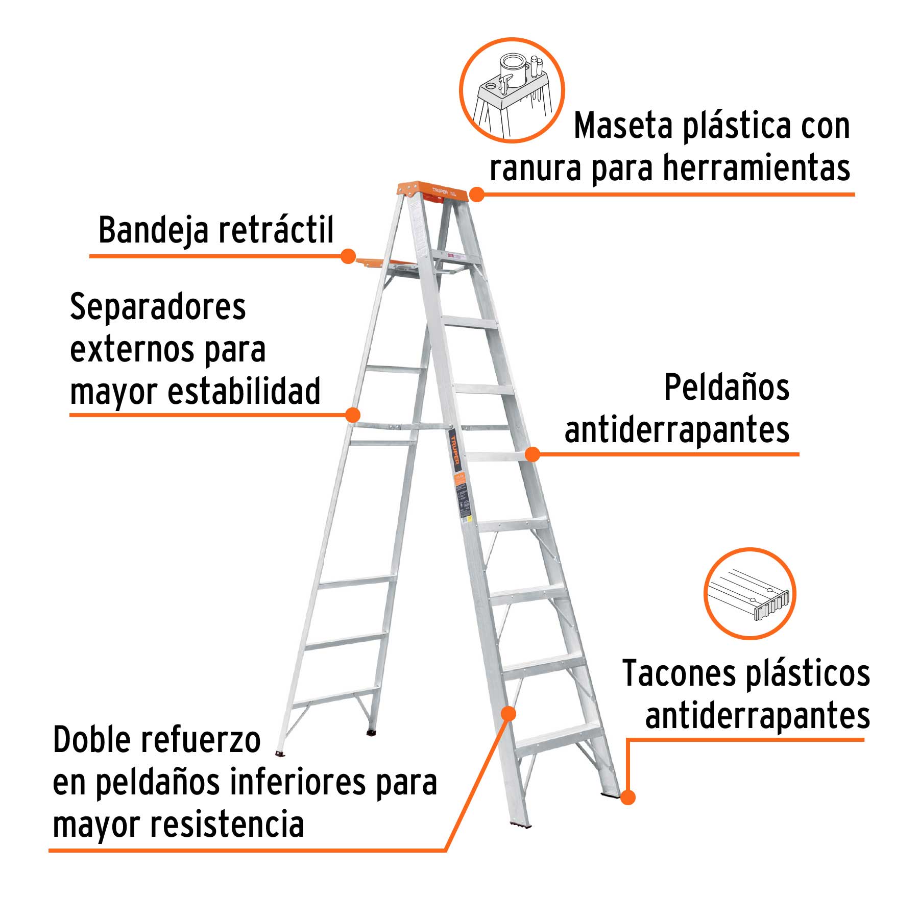 Escalera de tijera tipo ll 8 peldaños y bandeja, TRUPER