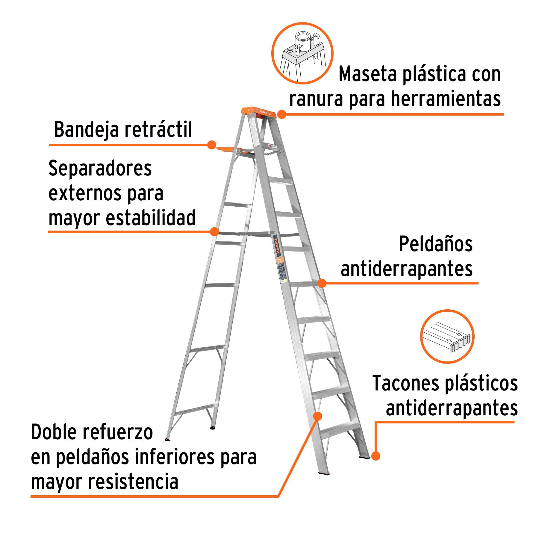 Escalera de tijera tipo II 9 peldaños y bandeja, TRUPER