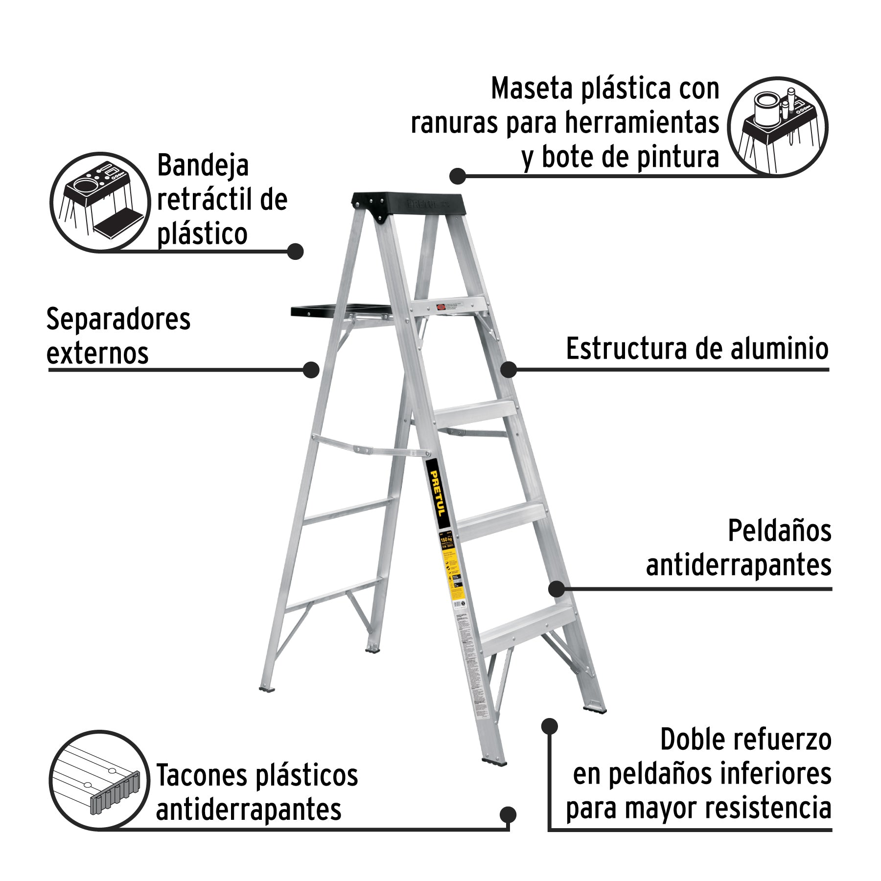 Escalera de tijera tipo III 4 escalones y bandeja, PRETUL