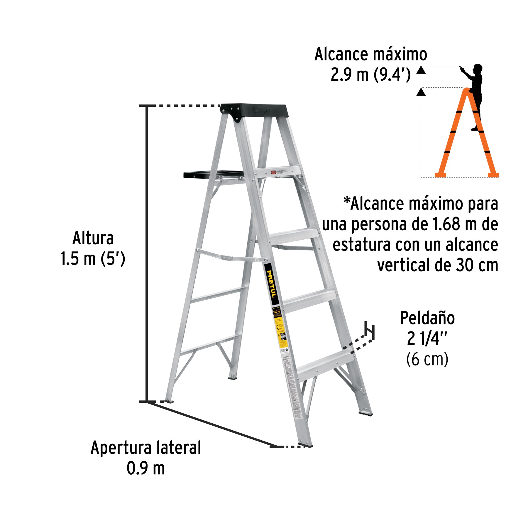 Escalera de tijera tipo III 4 escalones y bandeja, PRETUL