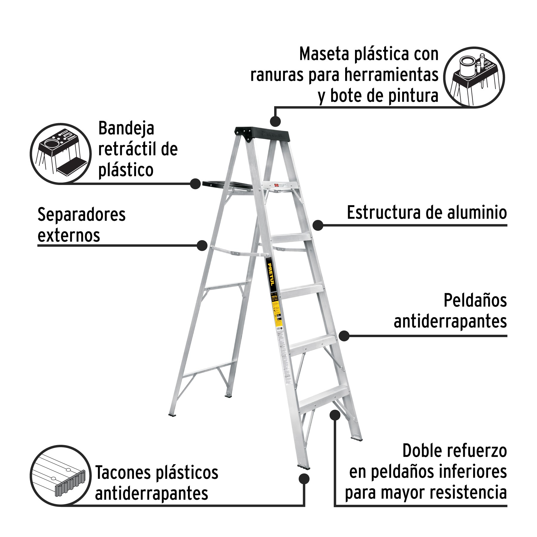 Escalera de tijera tipo III 5 escalones y bandeja, PRETUL