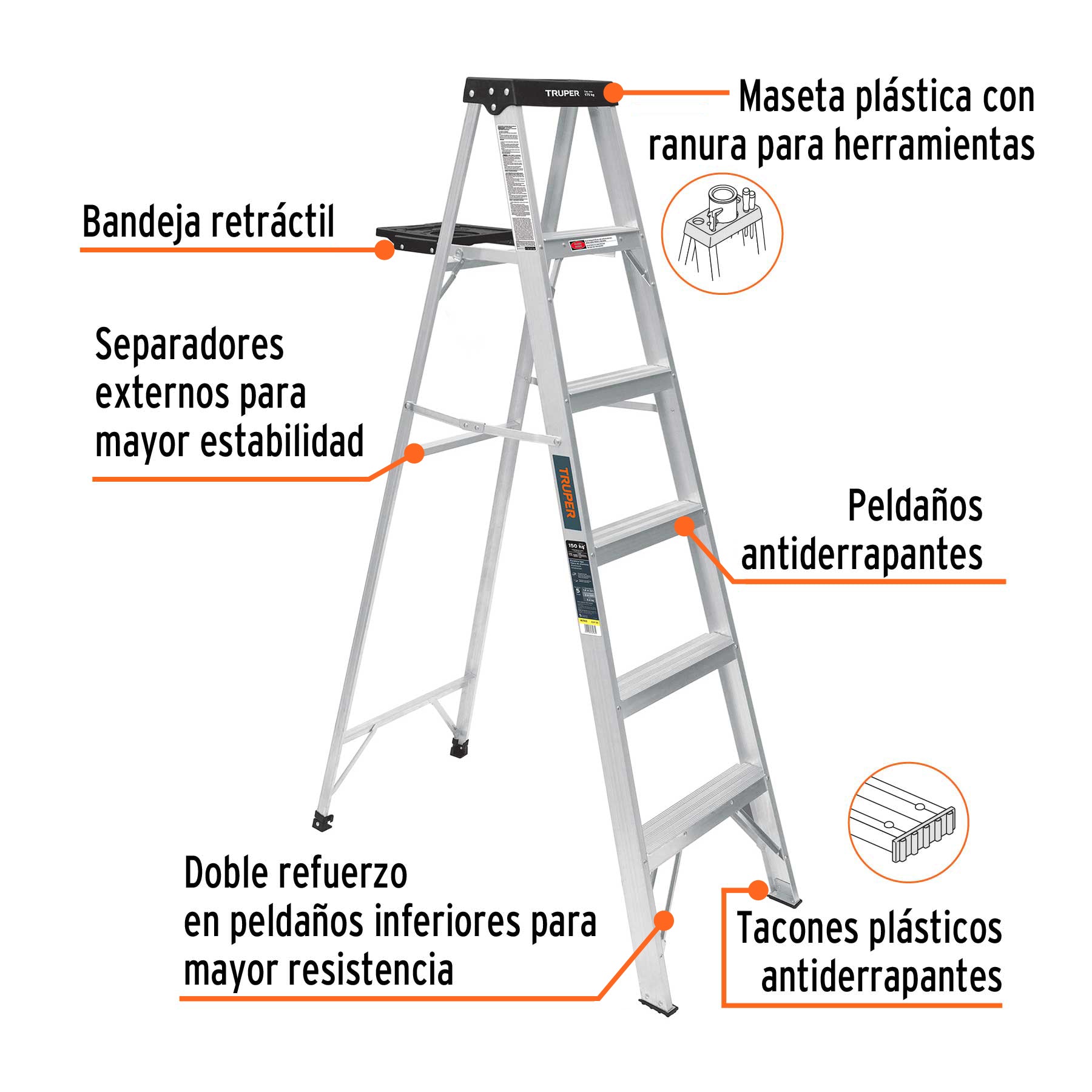 Escalera de tijera tipo III 5 escalones y bandeja, TRUPER
