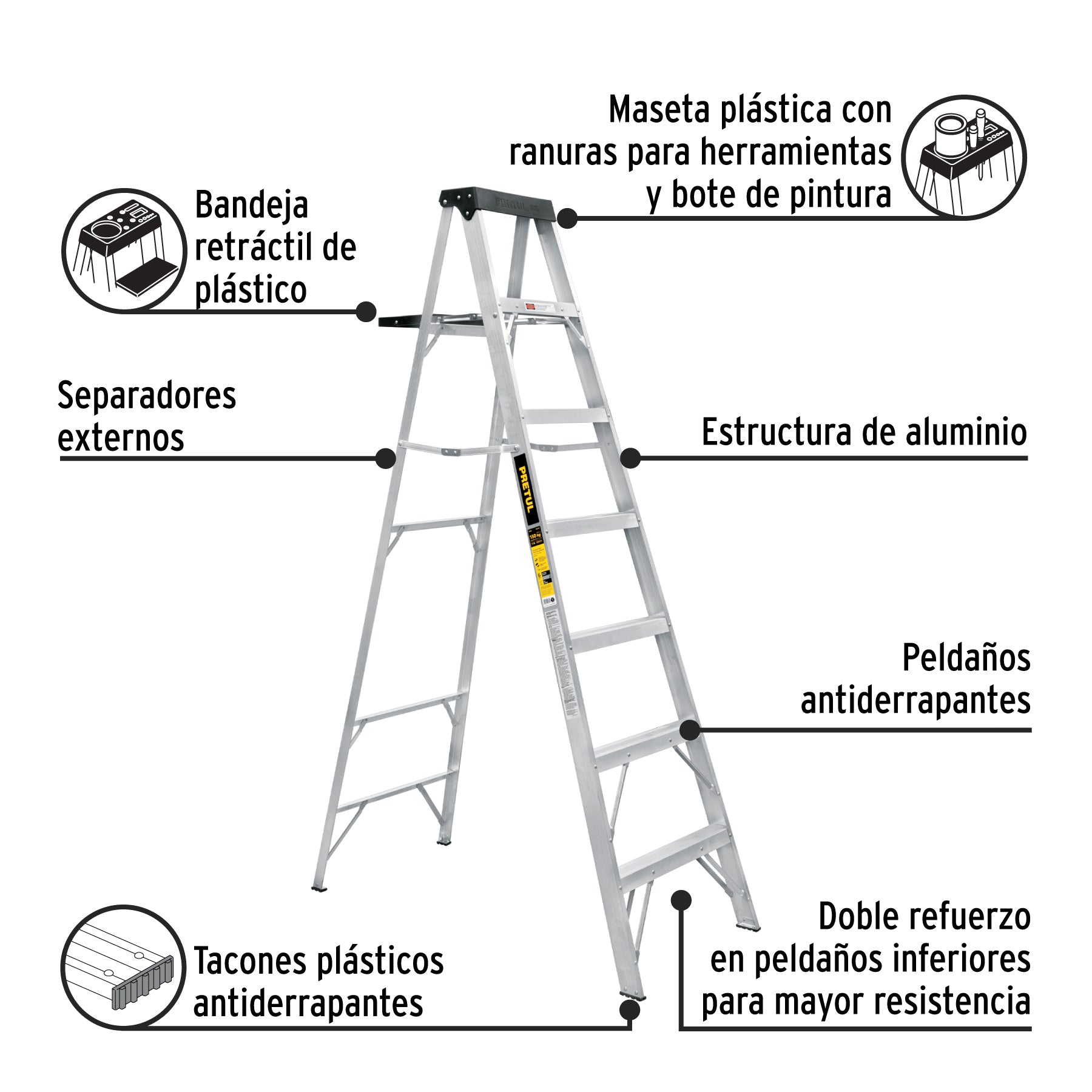 Escalera de tijera tipo III 6 escalones y bandeja, PRETUL