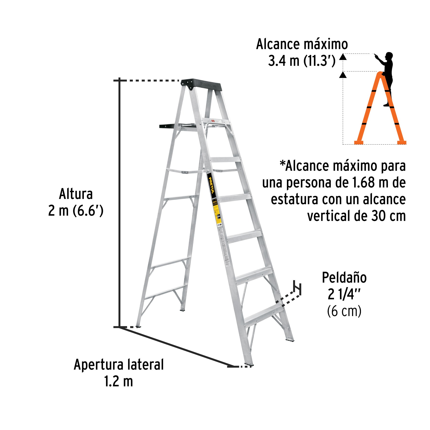 Escalera de tijera tipo III 6 escalones y bandeja, PRETUL