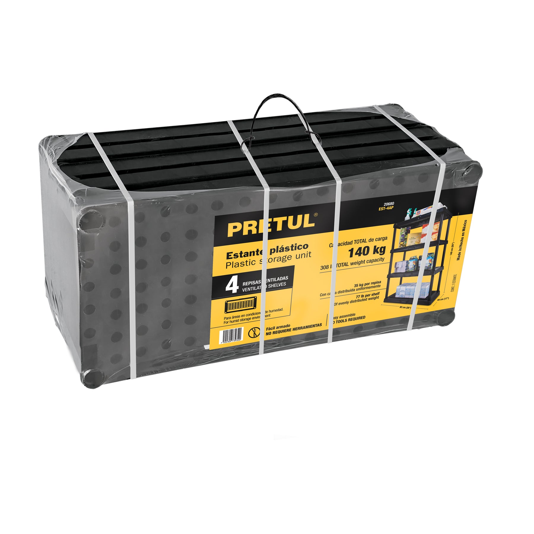 Estante plástico amplio 4 rep/cap. 35 kg, 140x44x92, PRETUL