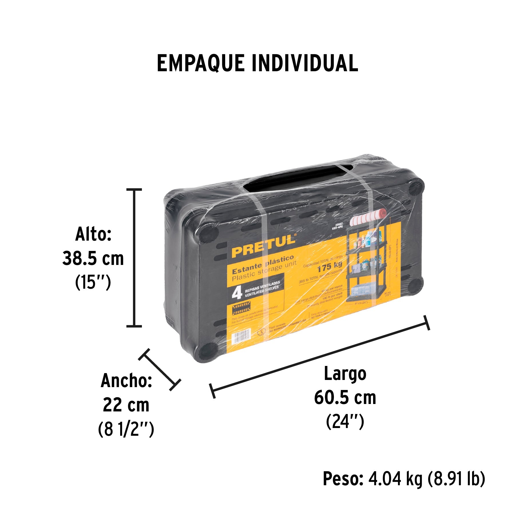Estante plástico 4 repisas cap. 45 Kg, 125x38x61, PRETUL - Empaque