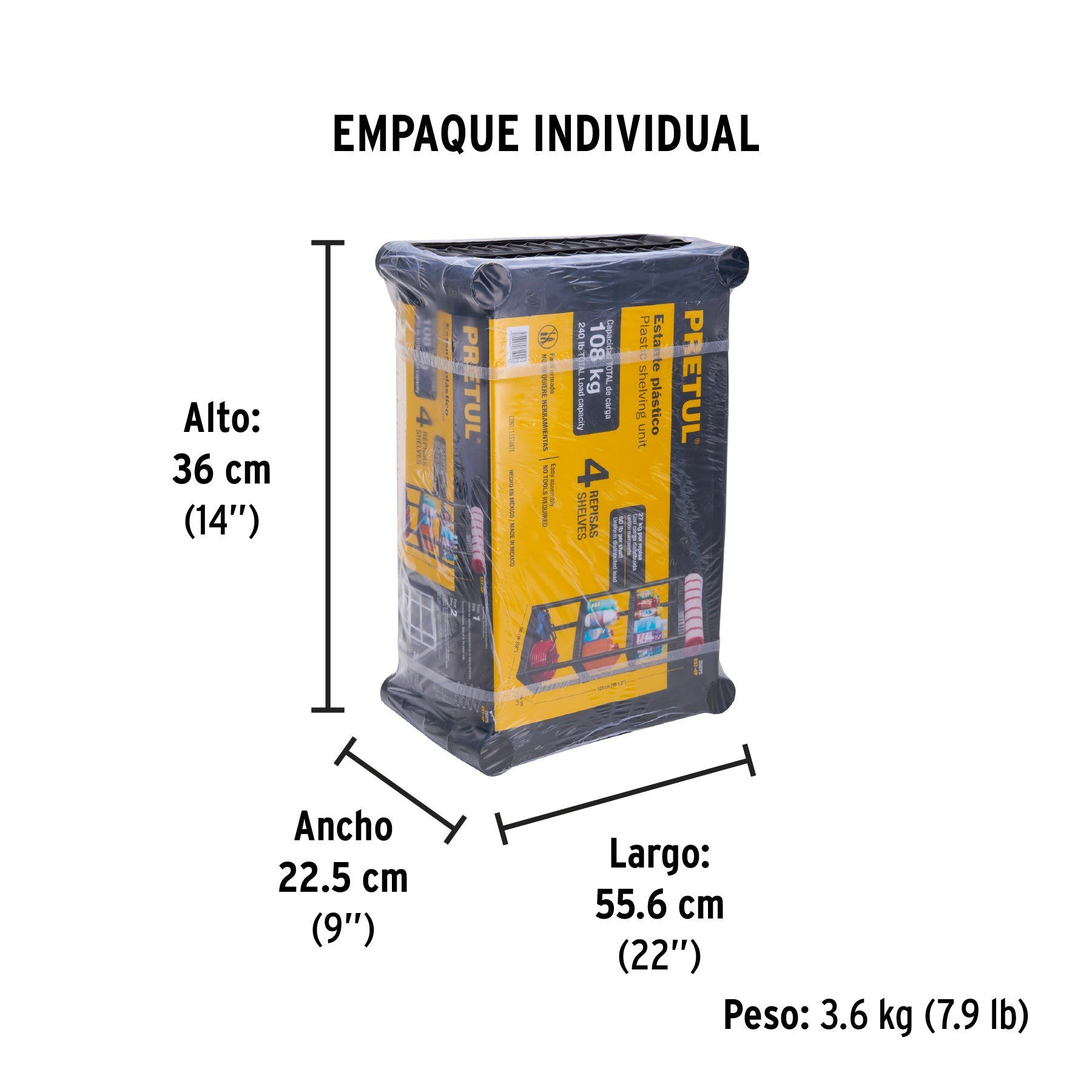 Estante plástico 4 repisas cap. 27 Kg, 123x36x56, PRETUL - Empaque