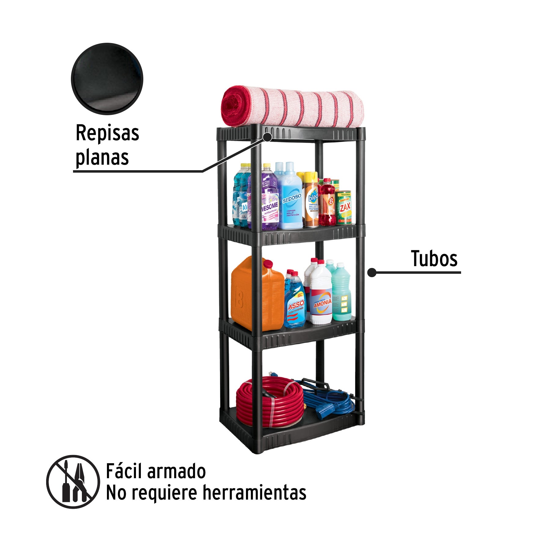 Estante plástico 4 repisas cap. 27 Kg, 123x36x56, PRETUL