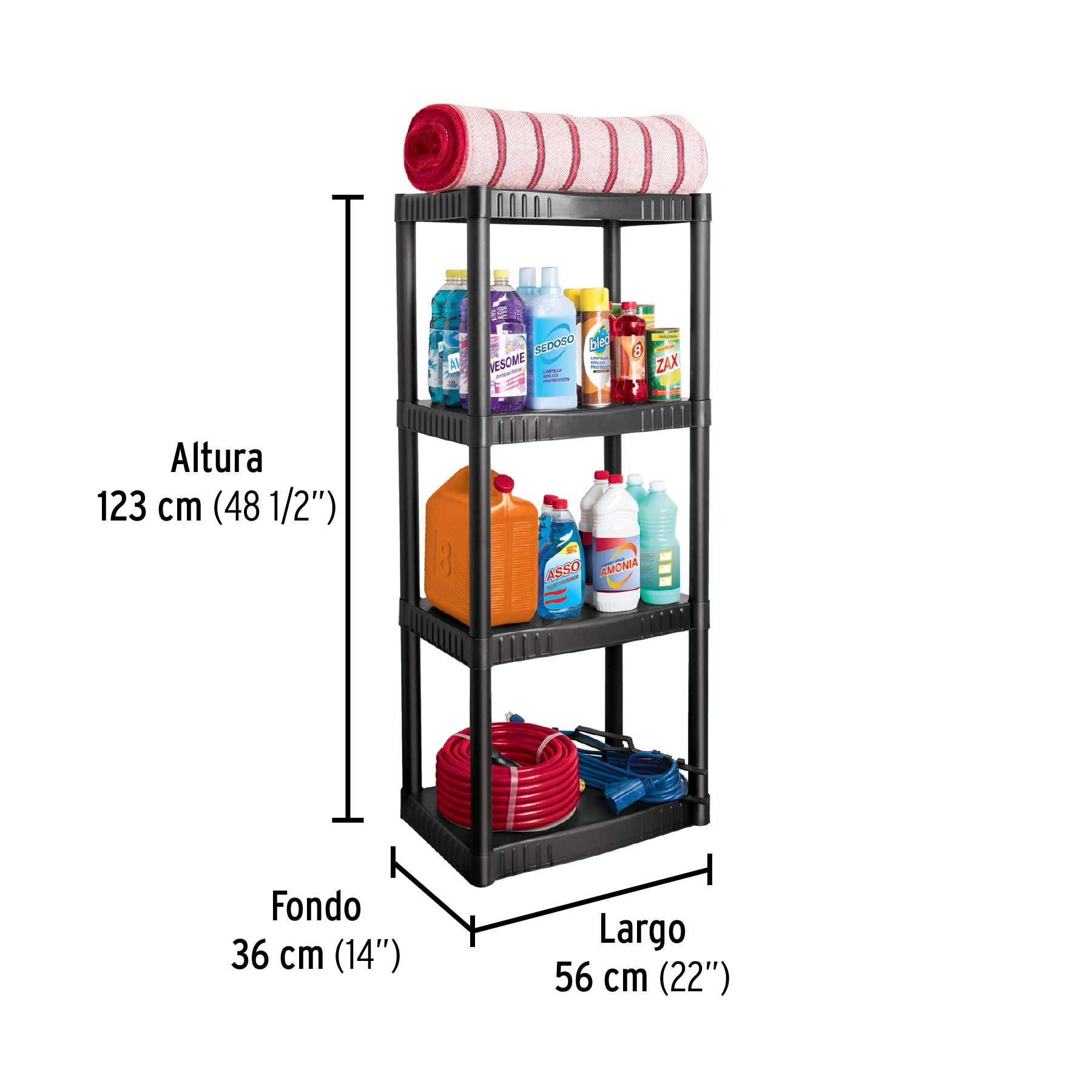 Estante plástico 4 repisas cap. 27 Kg, 123x36x56, PRETUL