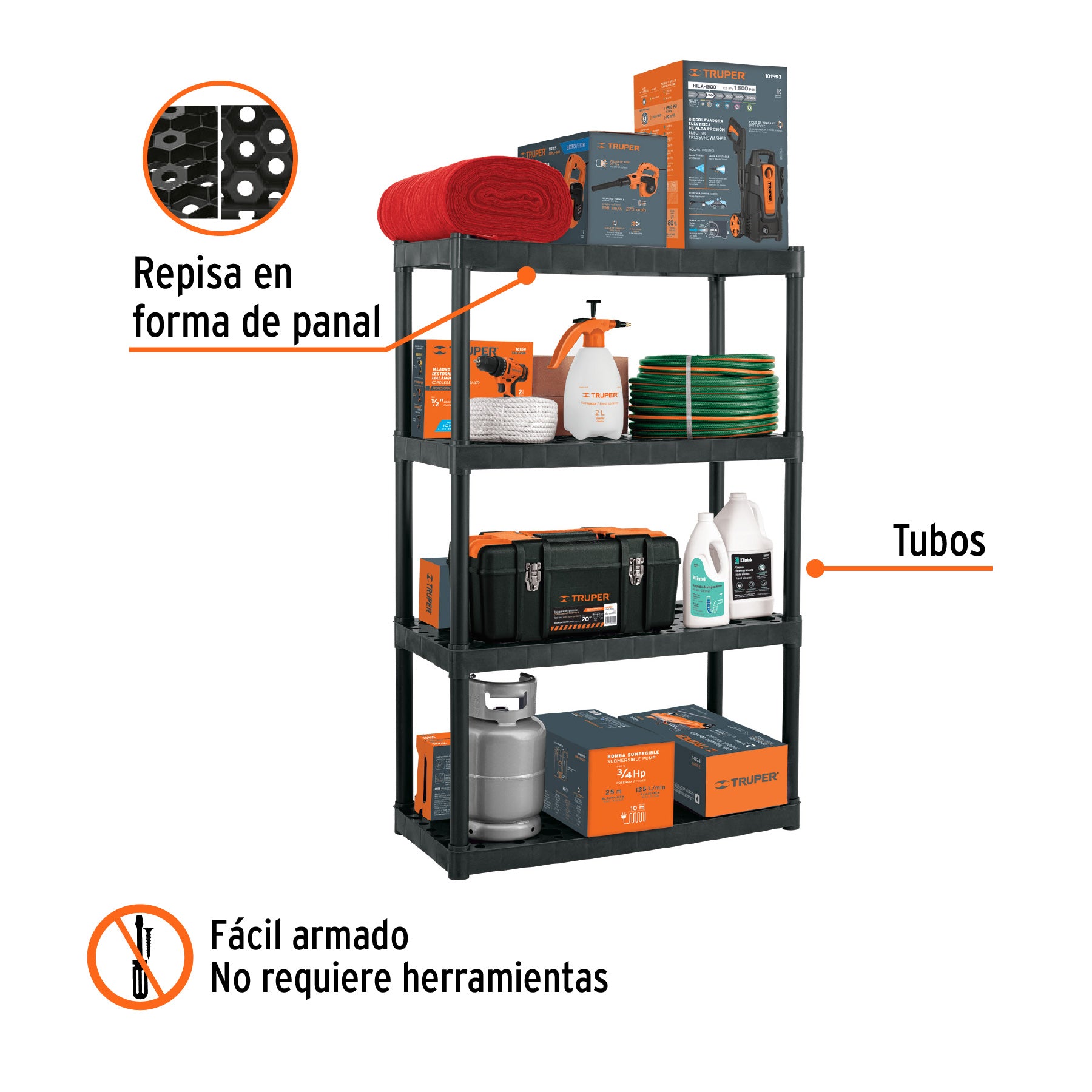 Estante plástico uso rudo 4 rep/cap. 70 Kg, 142x43x91,TRUPER