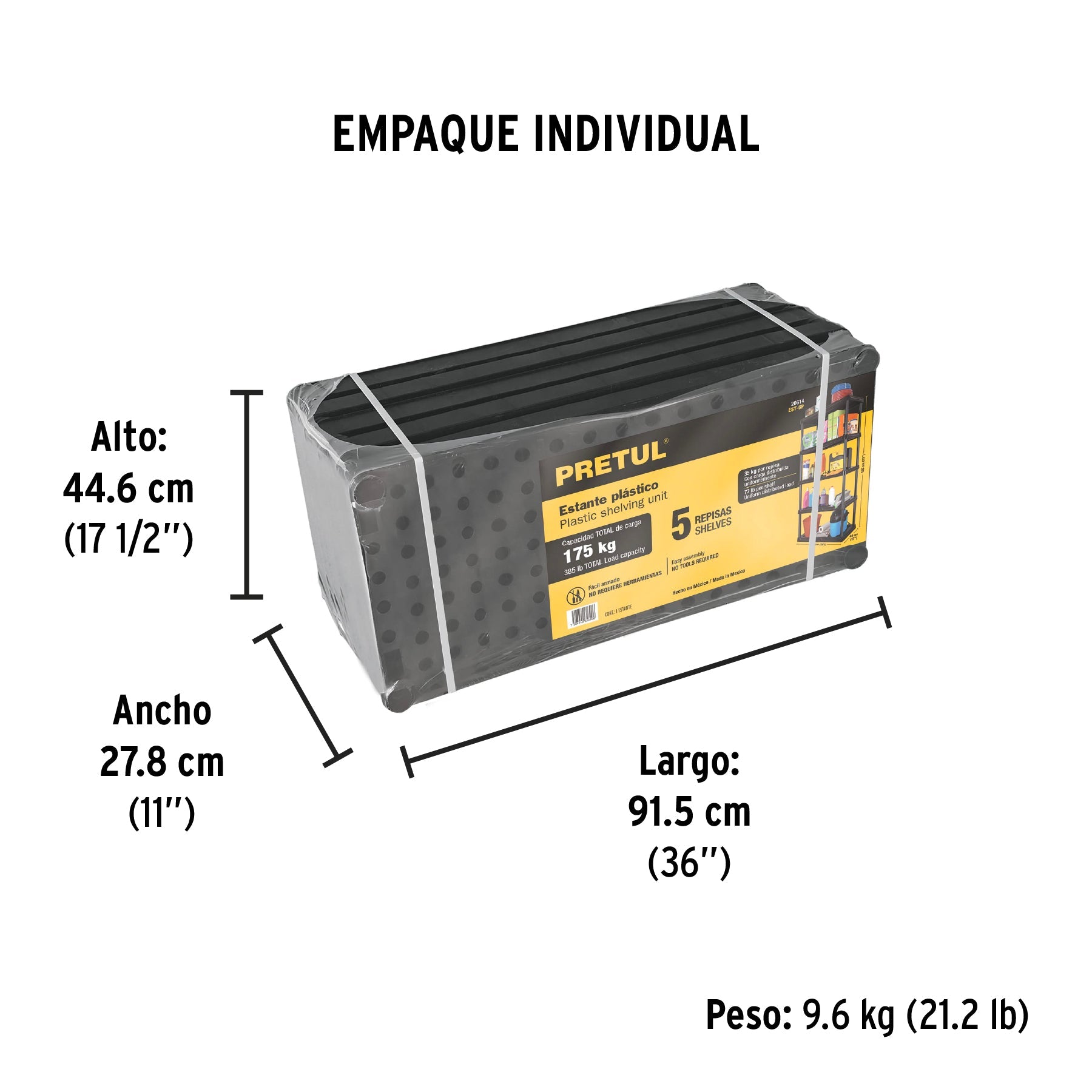 Estante plástico 5 repisas cap. 35 Kg, 180x44x92, PRETUL - Empaque