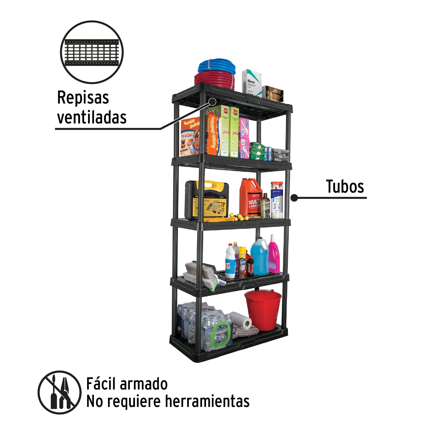 Estante plástico 5 repisas cap. 35 Kg, 180x44x92, PRETUL