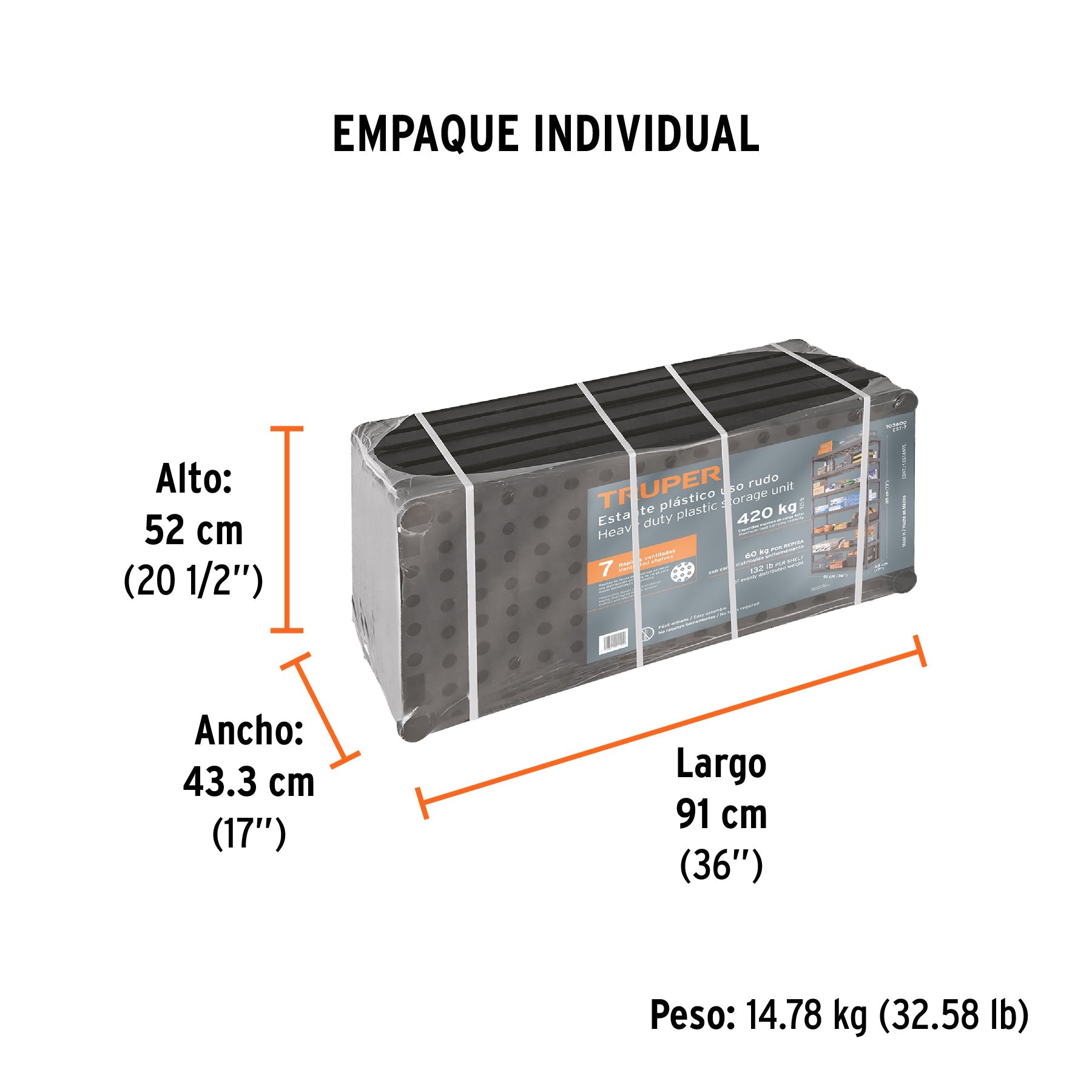 Estante plástico uso rudo 7 rep/cap. 70 Kg, 185x43x91,TRUPER - Empaque