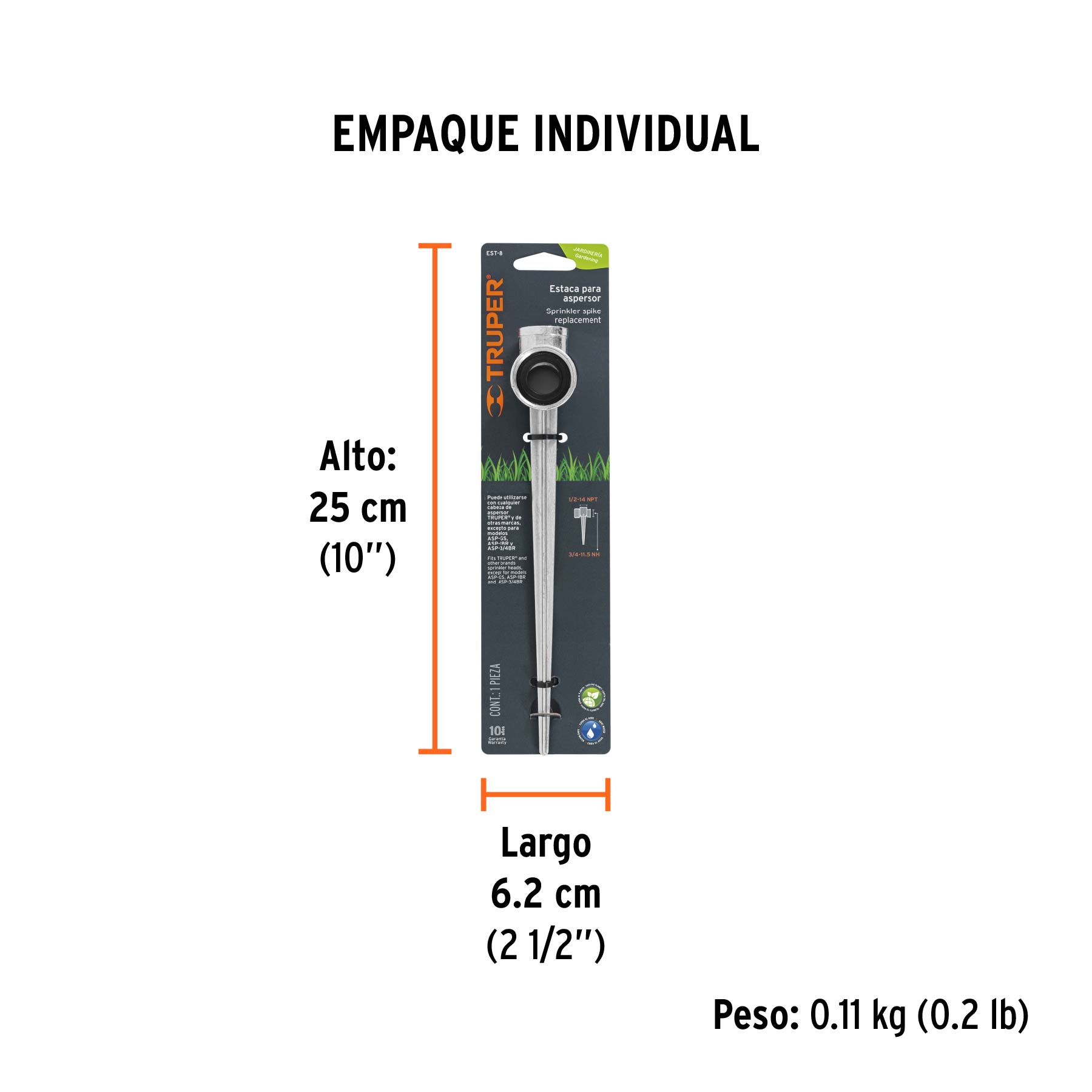 Estaca metálica universal 8" dos vías, para aspersor, TRUPER - Empaque
