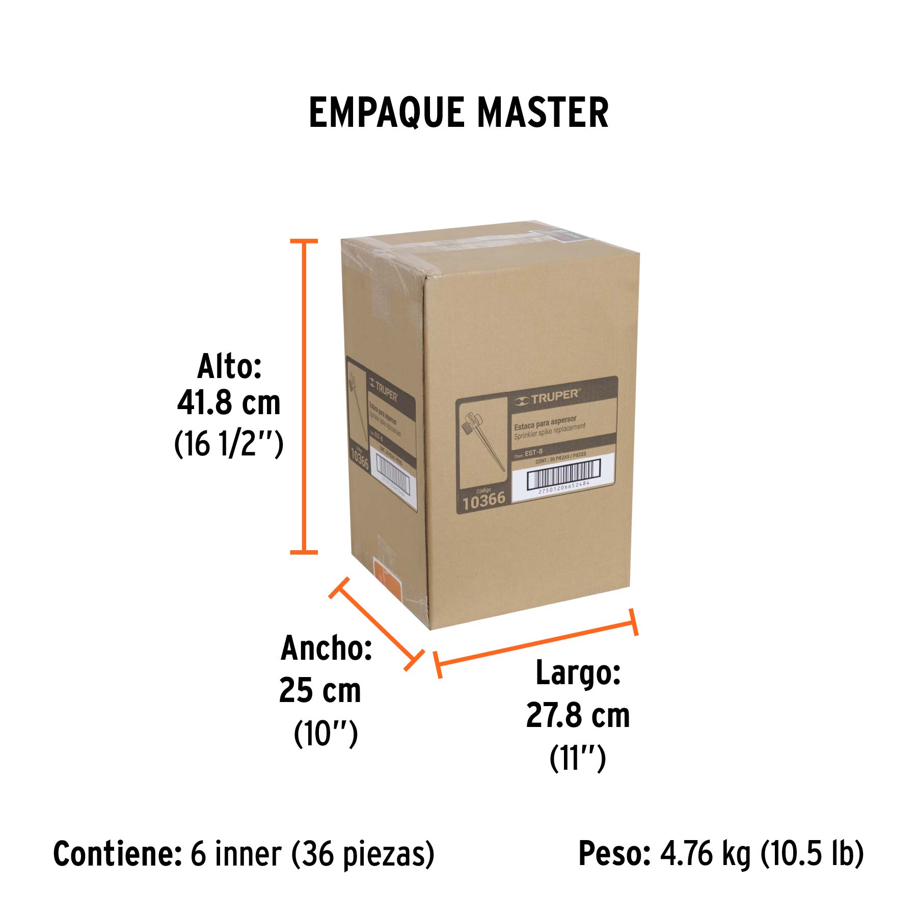 Estaca metálica universal 8" dos vías, para aspersor, TRUPER - Empaque