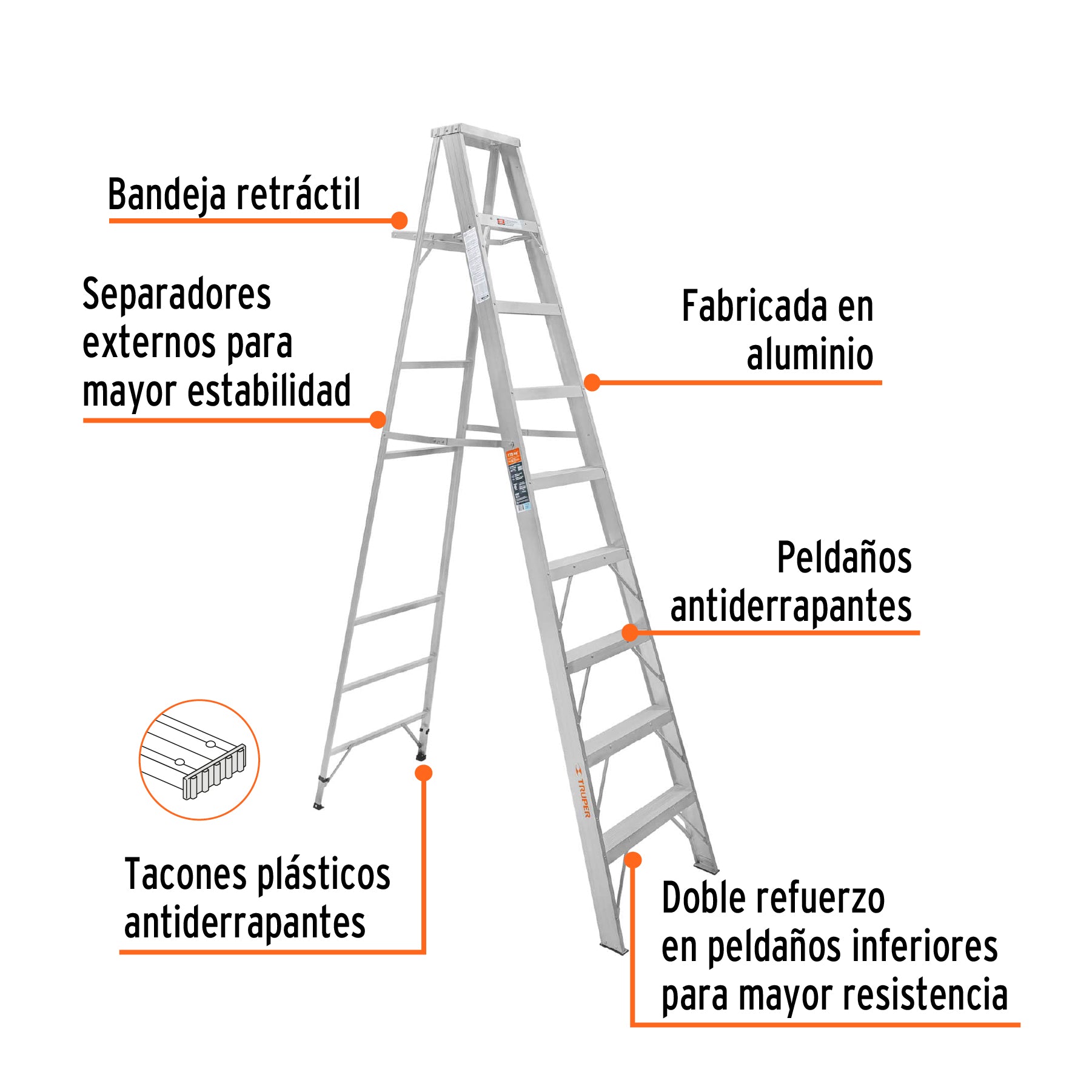 Escalera de tijera 100% aluminio tipo ll 8 peldaños, TRUPER