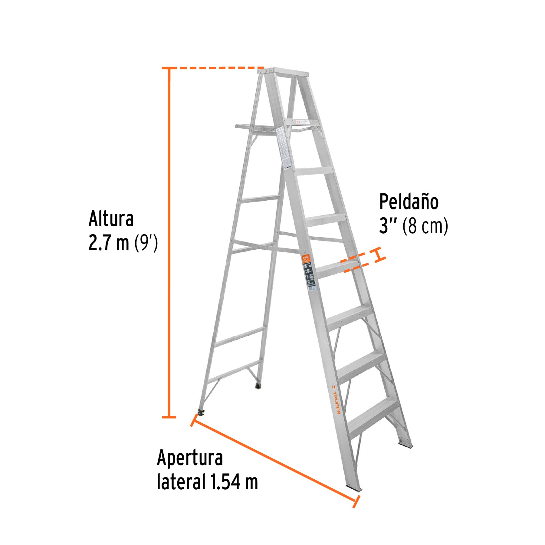 Escalera de tijera 100% aluminio tipo ll 8 peldaños, TRUPER