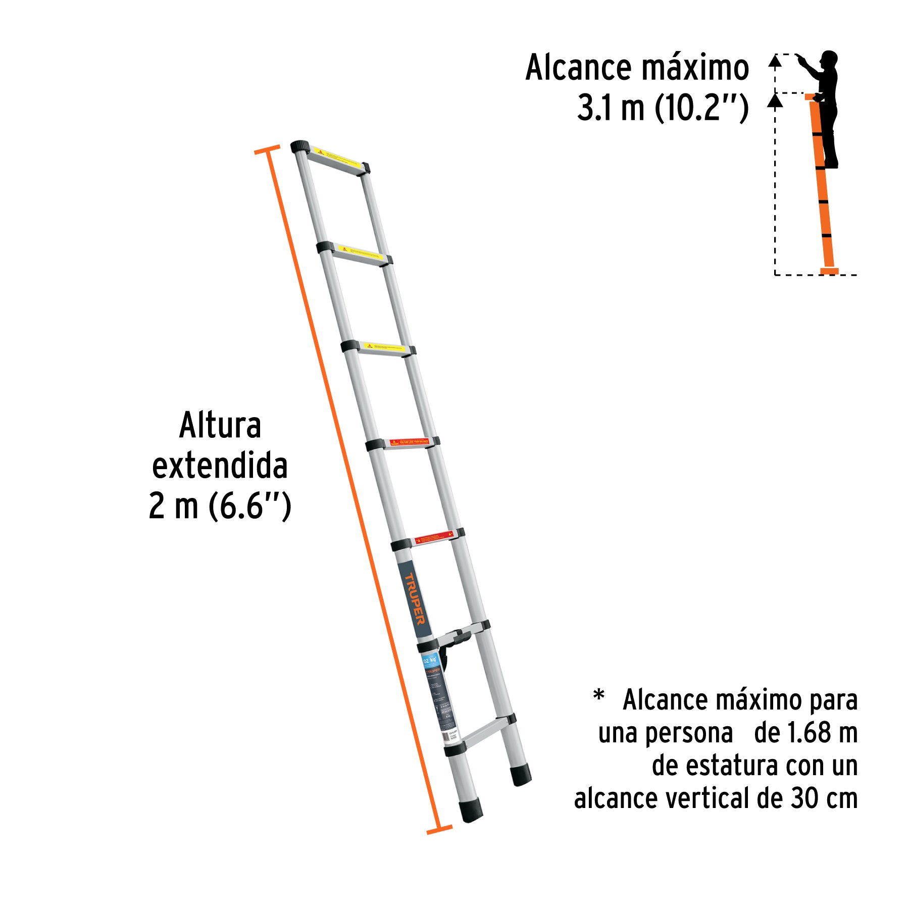 Escalera telescópica, 7 peldaños, tipo II, capacidad 102kg