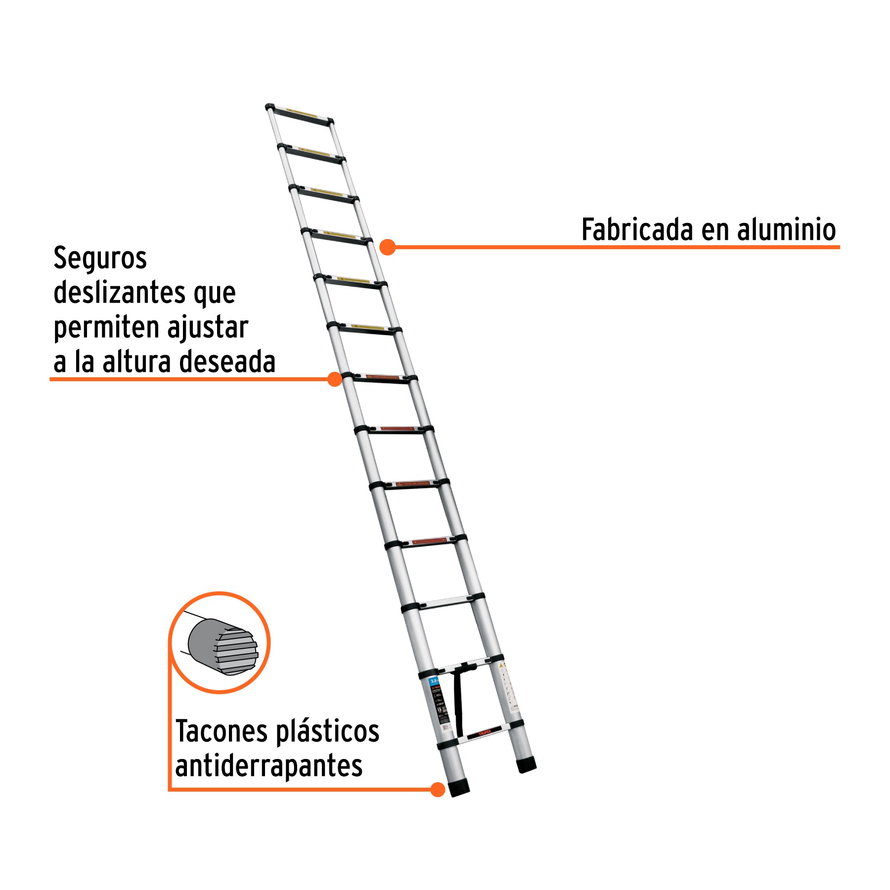 Escalera telescópica,13 peldaños, tipo II, capacidad 102kg
