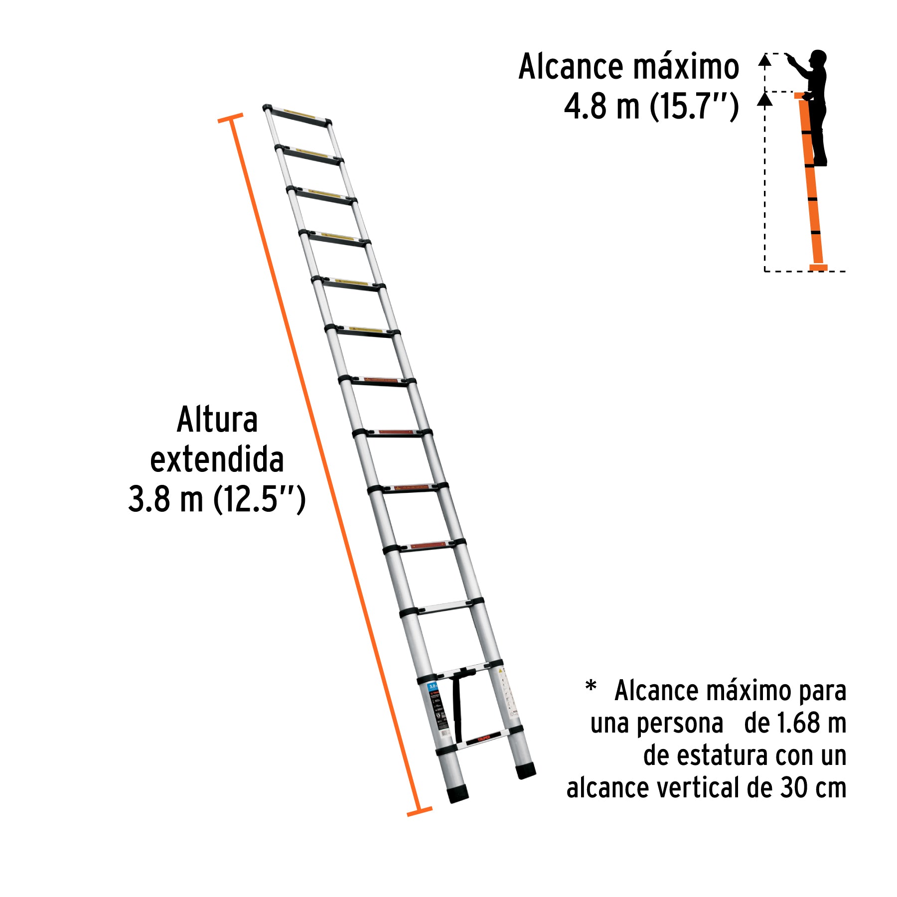 Escalera telescópica,13 peldaños, tipo II, capacidad 102kg