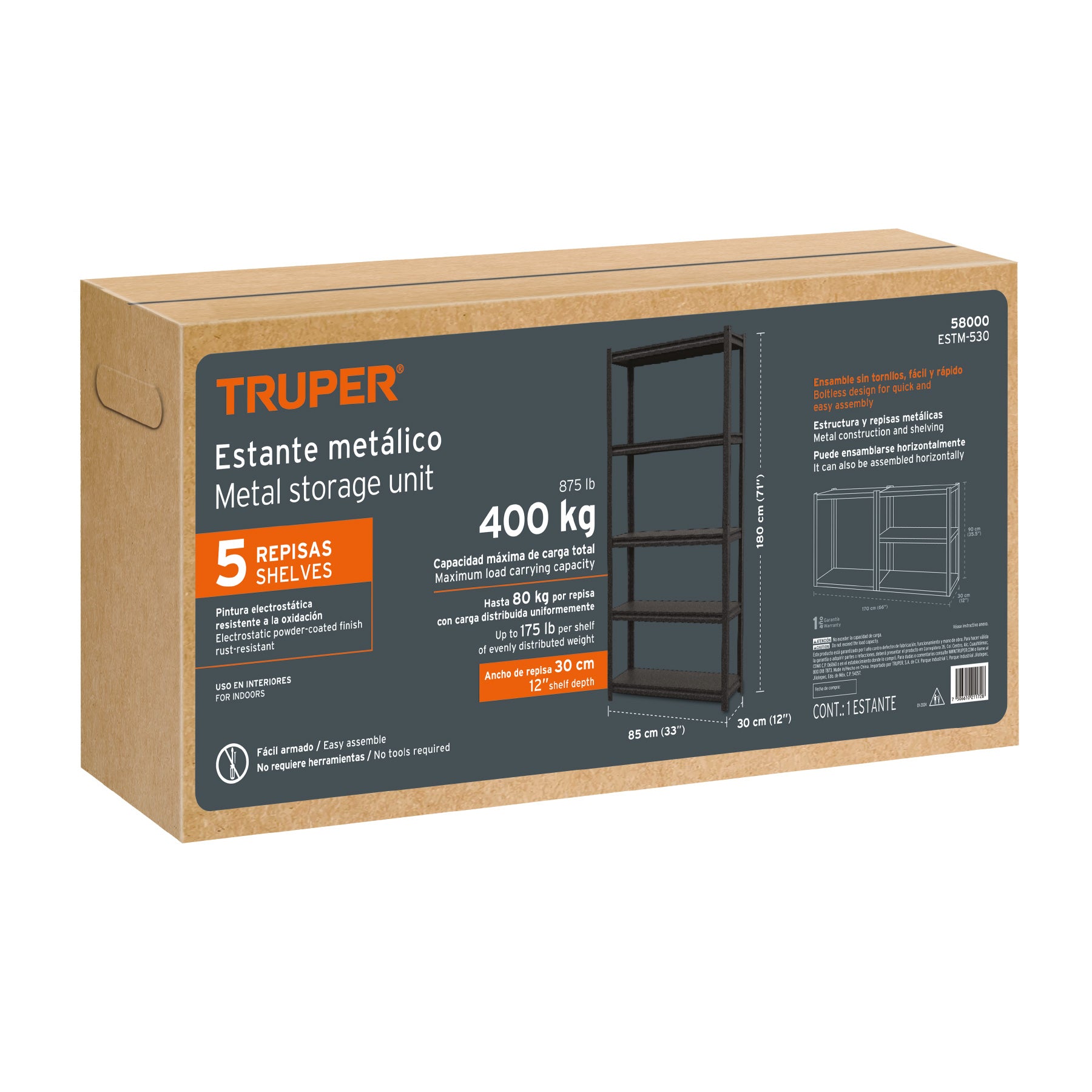 Estante metálico 5 repisas capacidad 80 Kg,180x30x85, TRUPER