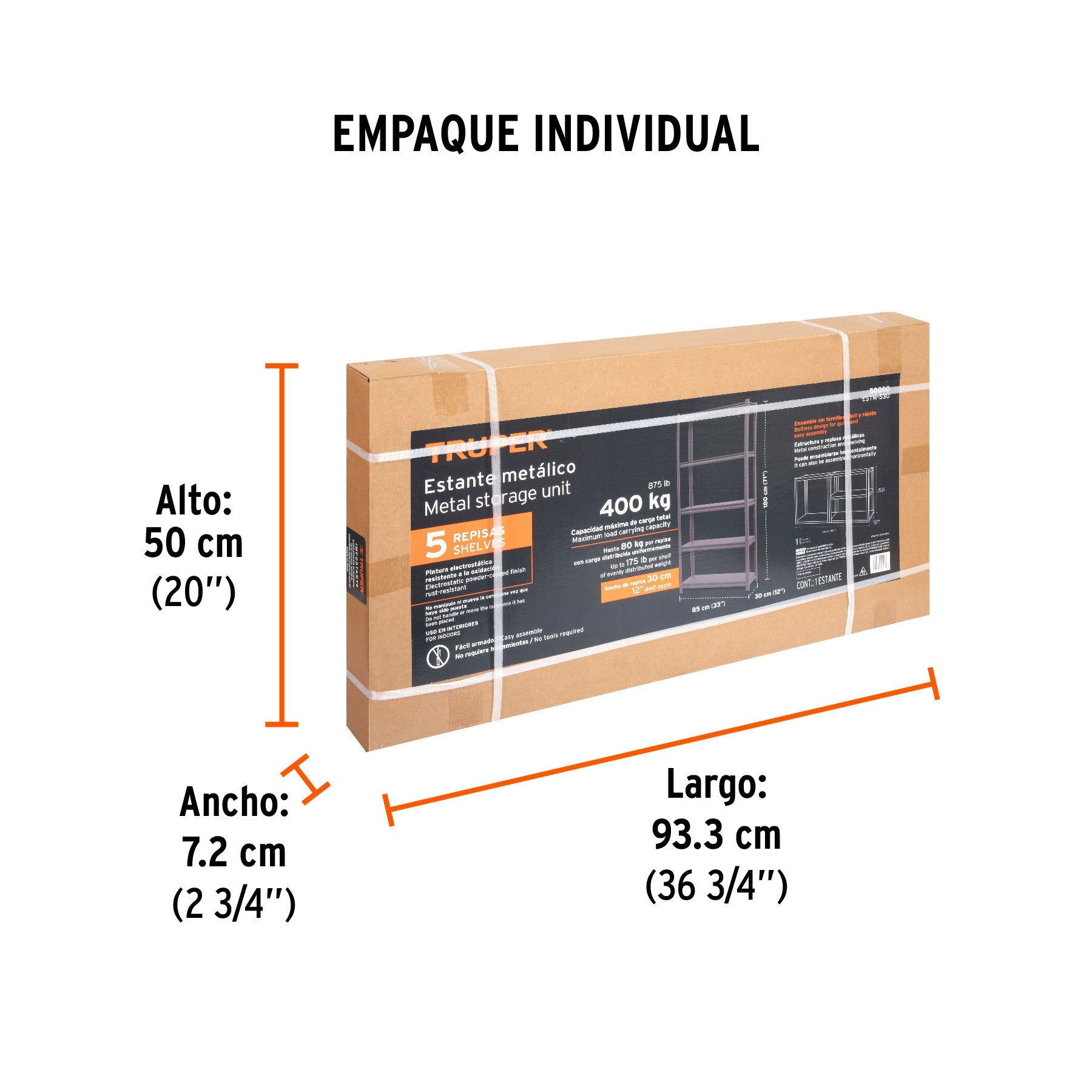 Estante metálico 5 repisas capacidad 80 Kg,180x30x85, TRUPER - Empaque
