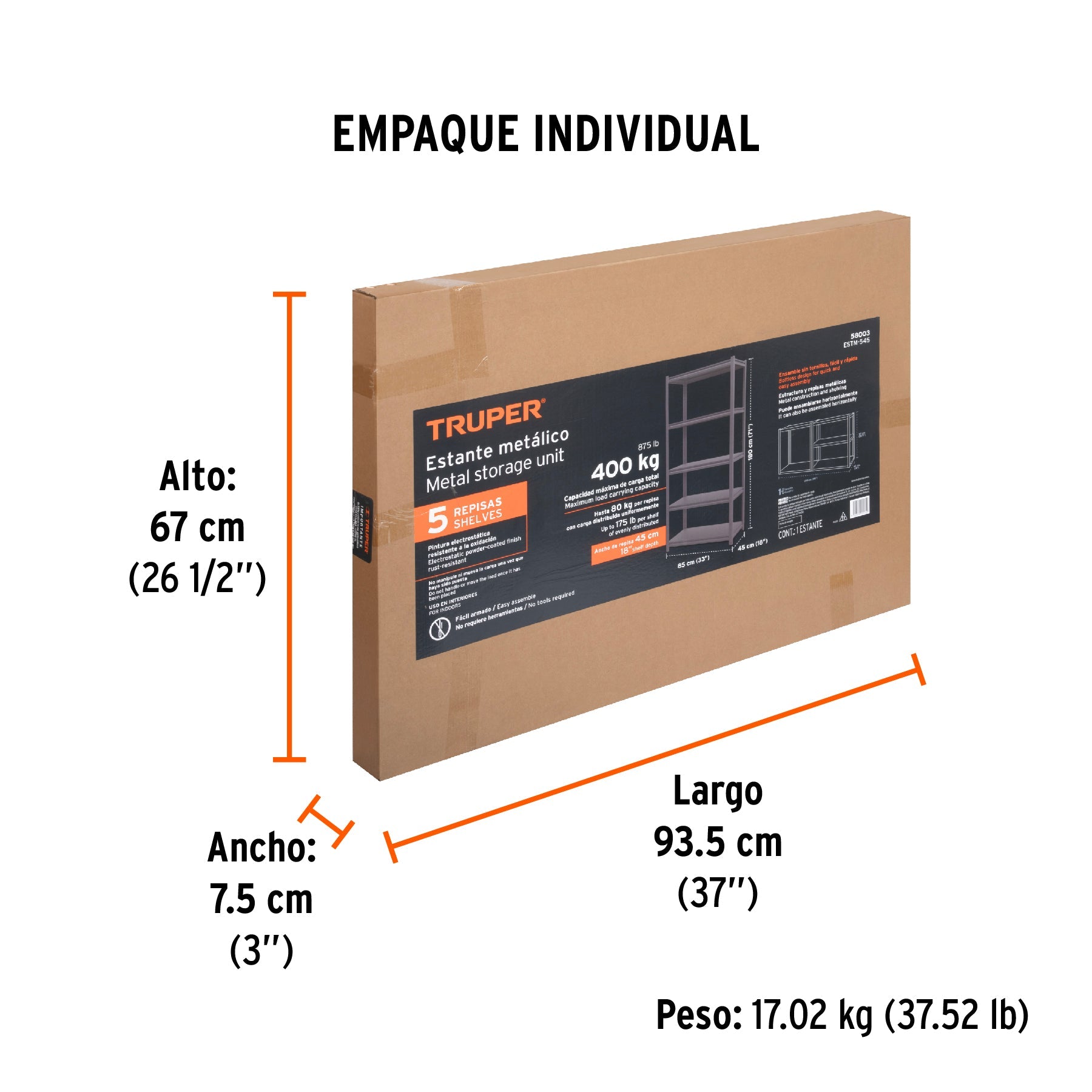 Estante metálico 5 repisas capacidad 80 Kg,180x45x85, TRUPER - Empaque