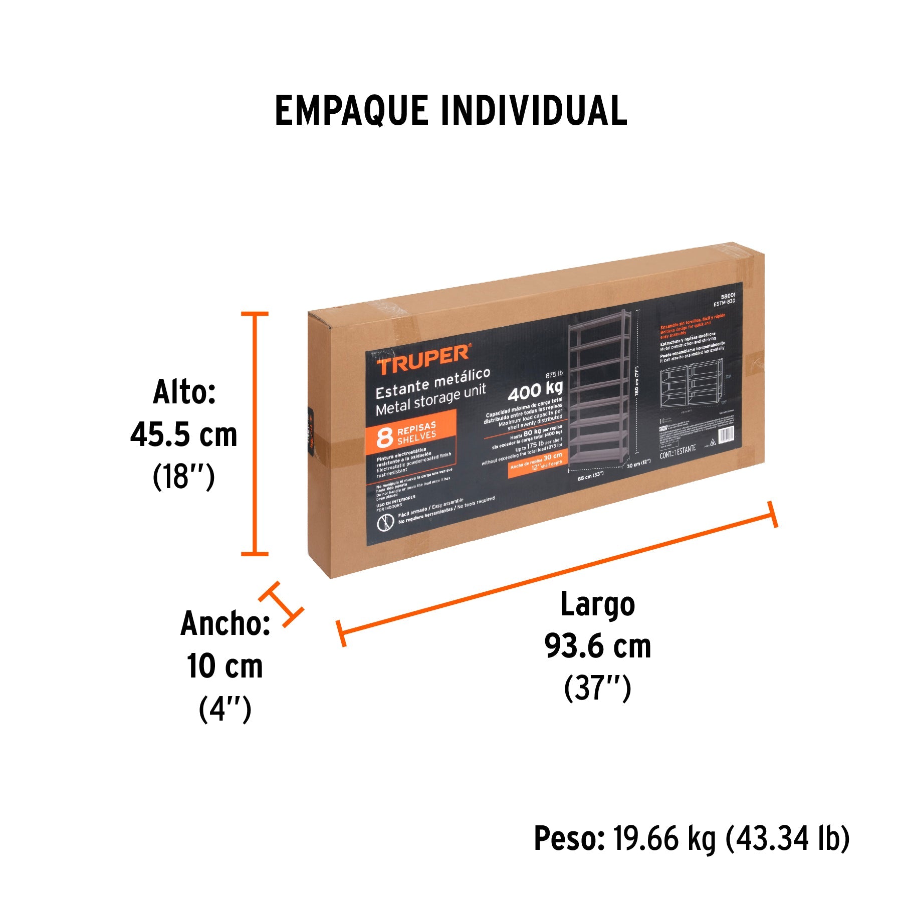 Estante metálico 8 repisas capacidad 80 Kg,180x30x85, TRUPER - Empaque