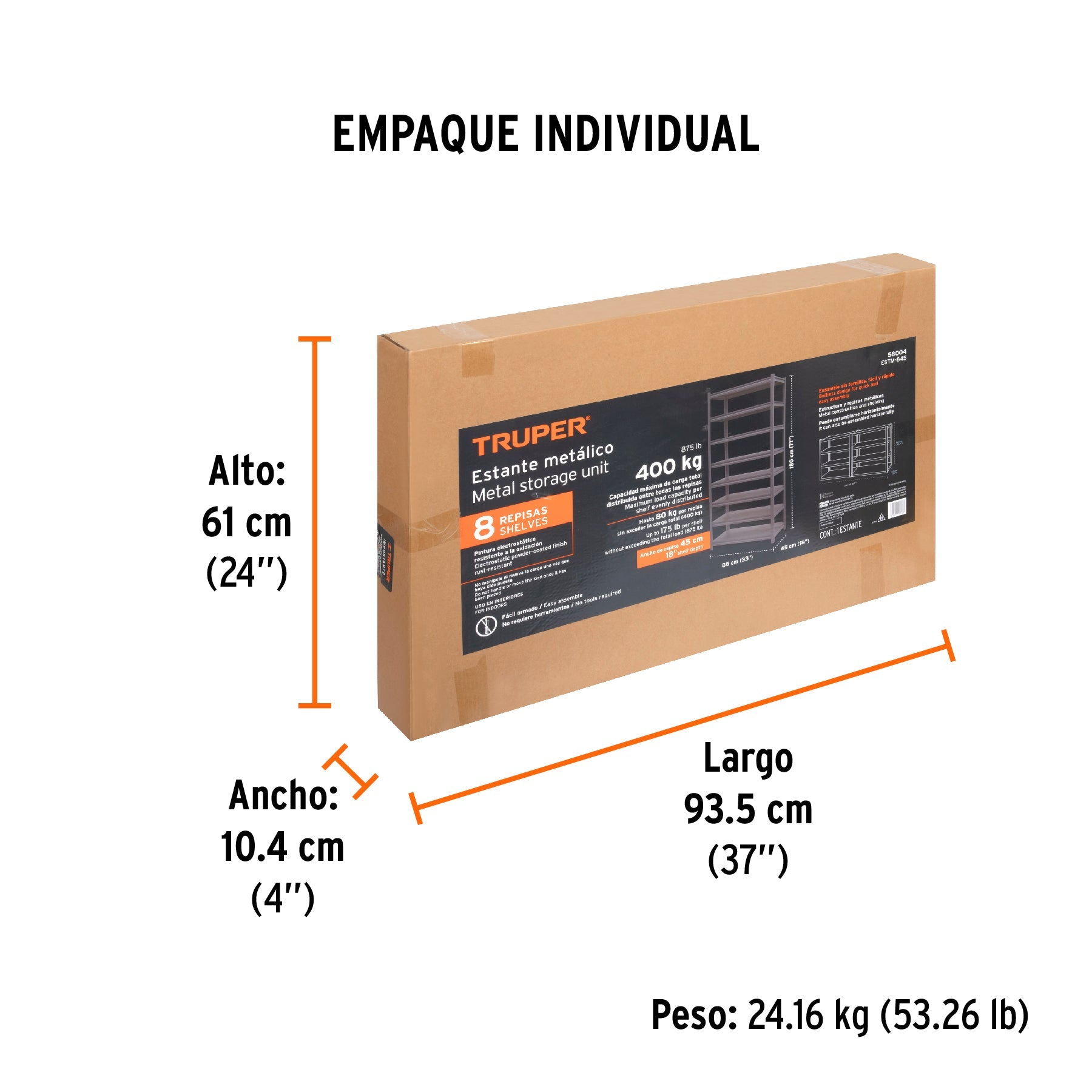 Estante metálico 8 repisas capacidad 80 Kg,180x45x85, TRUPER - Empaque
