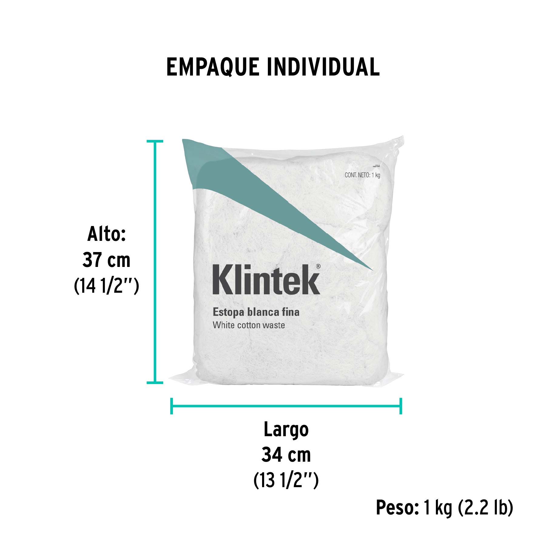 Bolsa de 1 kg de estopa extra fina, color blanco, KLINTEK - Empaque