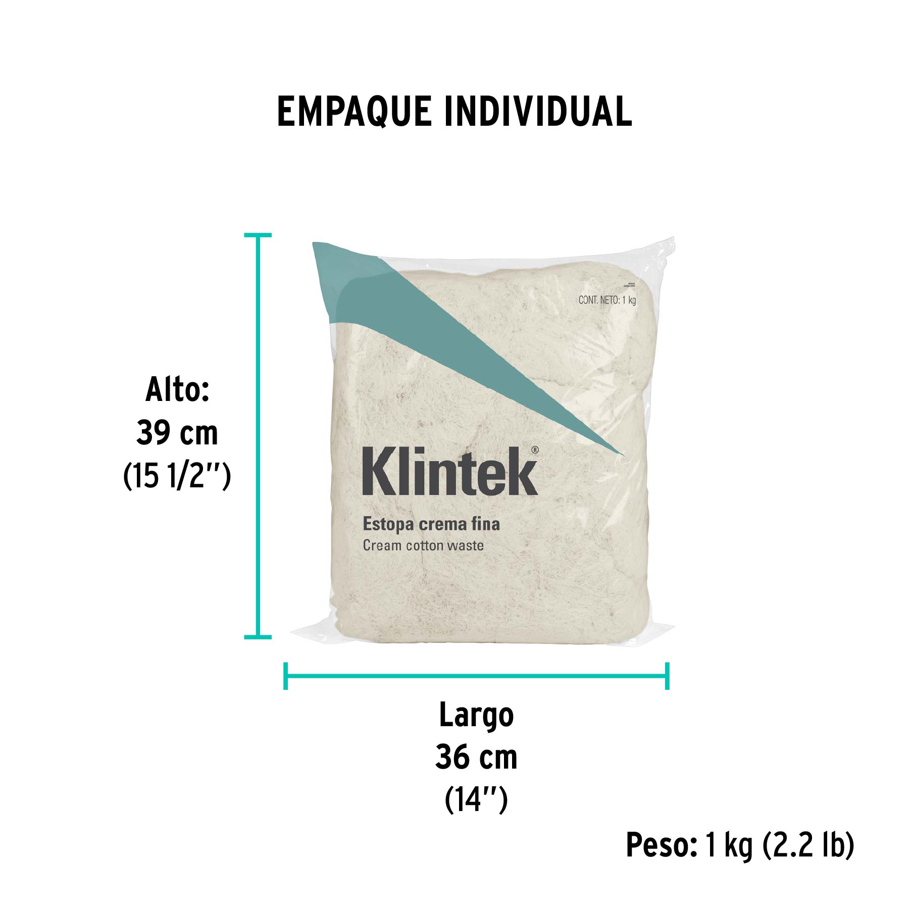 Bolsa de 1 kg de estopa extra fina, color crema, KLINTEK - Empaque