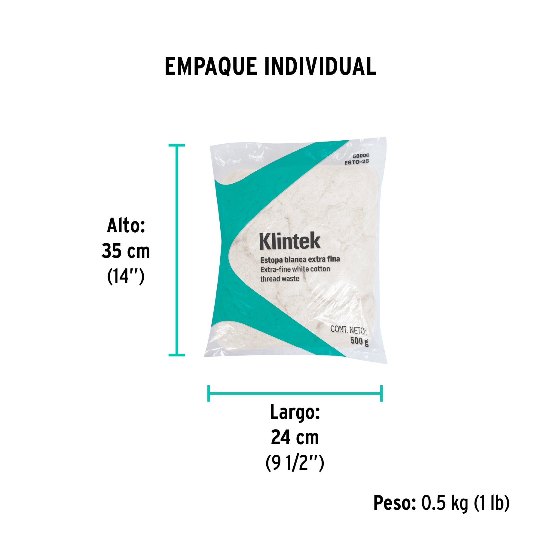 Bolsa de 1/2 kg de estopa extra fina, color blanco, KLINTEK - Empaque
