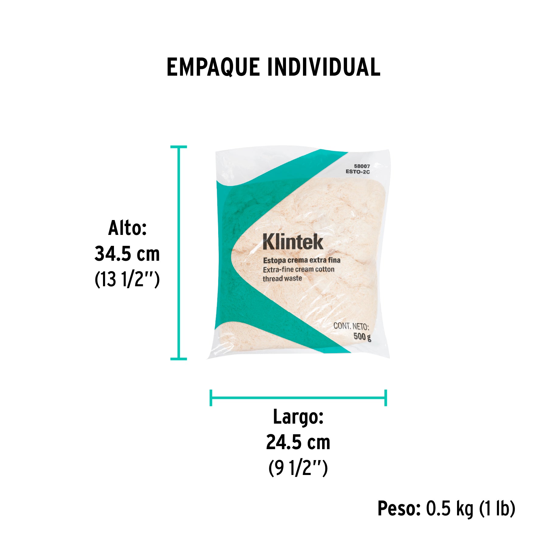 Bolsa de 1/2 kg de estopa extra fina, color crema, KLINTEK - Empaque
