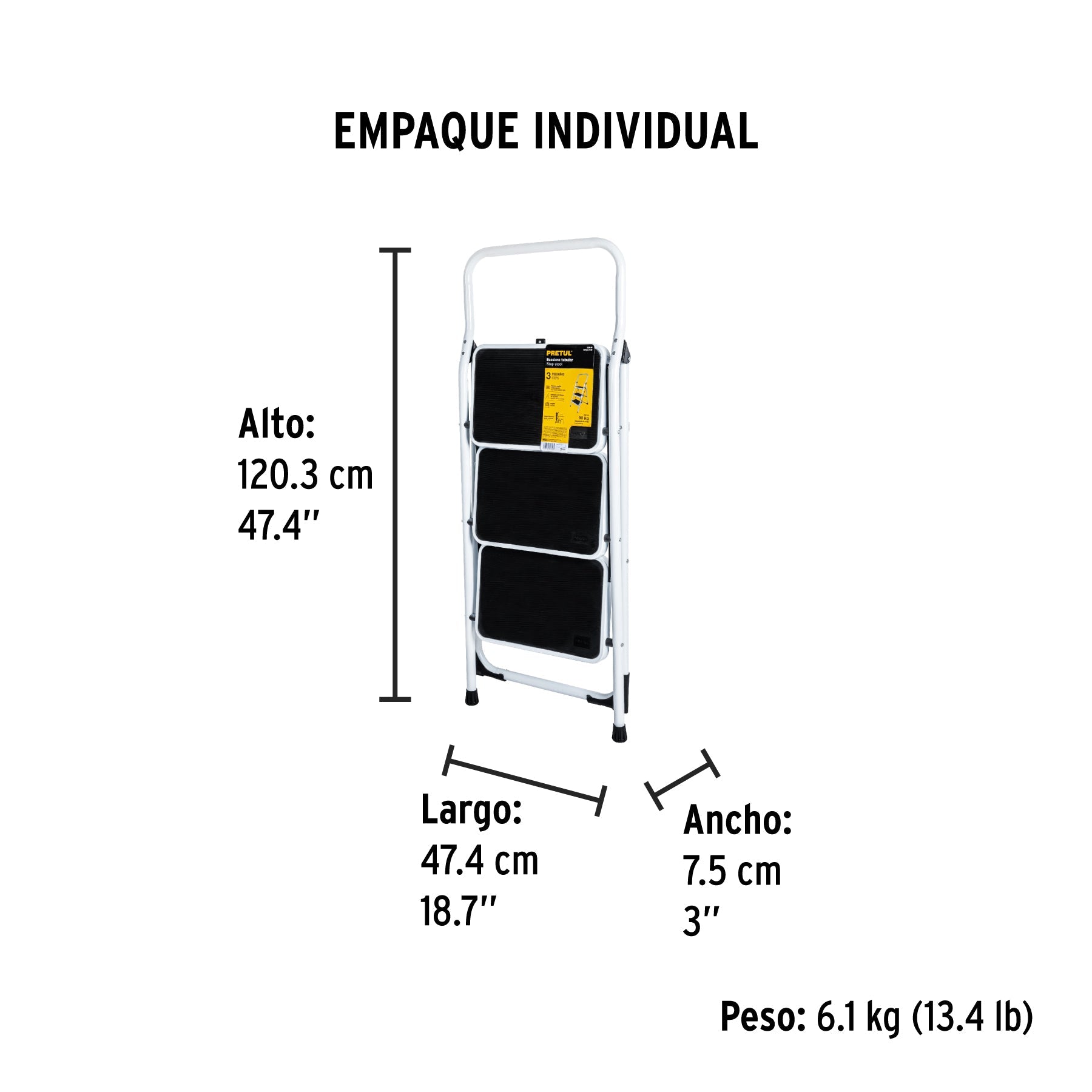Escalerilla tubular, plegable, 3 peldaños, PRETUL - Empaque