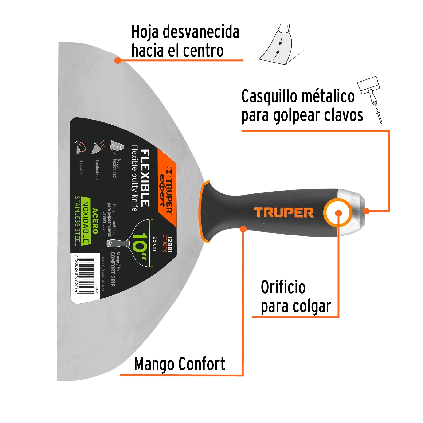 Espátula flexible 10" acero inoxidable, Comfort Grip, EXPERT