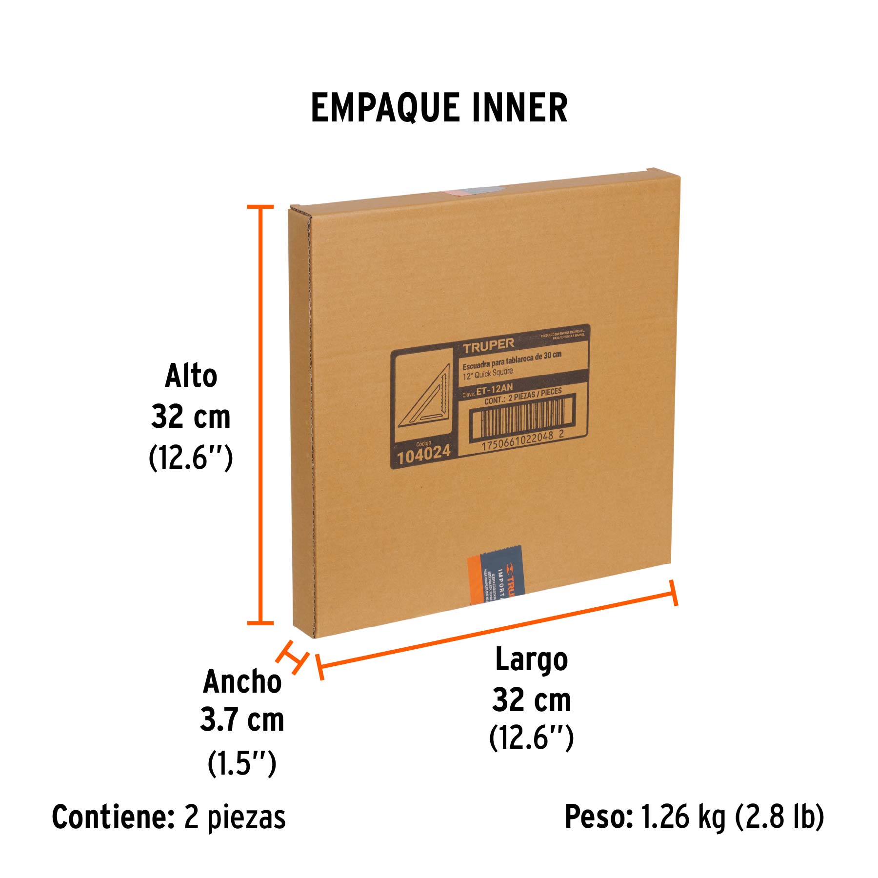 Escuadra 12", aluminio color negro, para muro de yeso,TRUPER - Empaque
